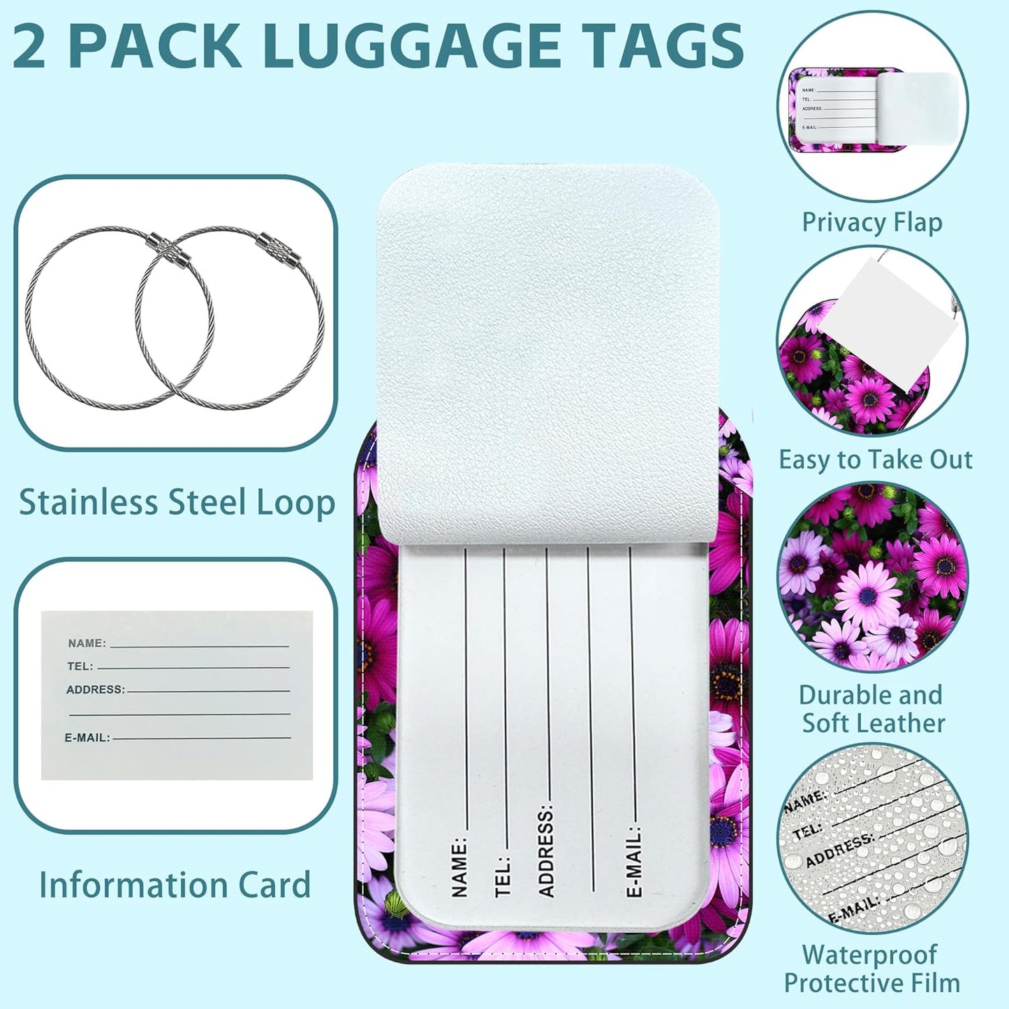 2 Pack Cute Luggage Tag for Suitcases Flower Field Leather Luggage Tags with Stainless Steel Loop Privacy Flap Name Tags,Men and Women Travel Bag Suitcase Tags