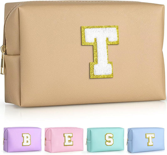 TOPEAST Preppy Stuff for Girls, Initial Makeup Bag Chenille Letter Pouch Cosmetic Bag with Zipper, PU Leather Waterproof Toiletry Bag, Cute Stuff Birthday Gift for Friends Sister (Khaki T)