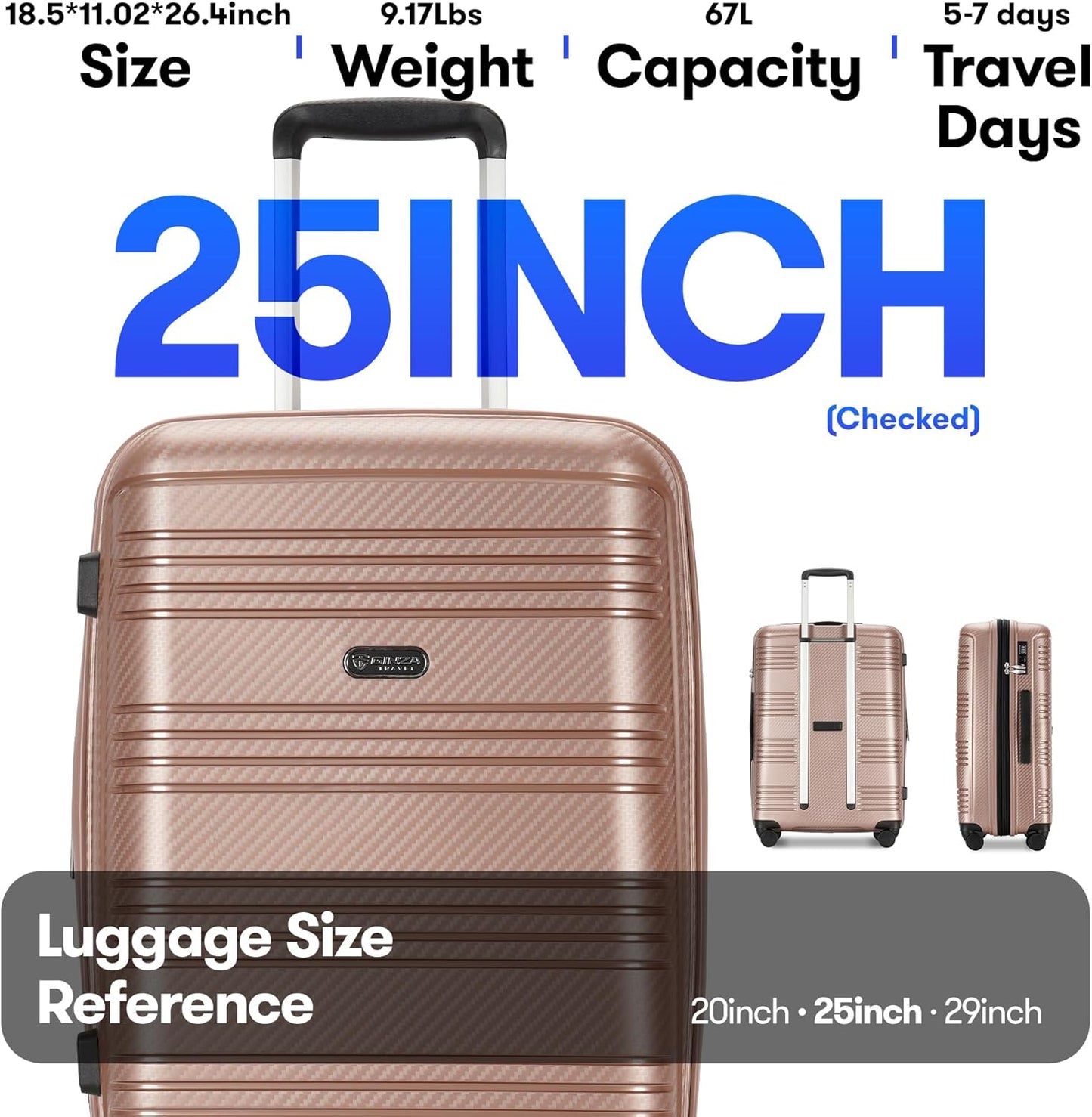 GinzaTravel 25 Inch Medium Checked Luggage Lightweight Suitcase with Spinner Wheels TSA Lock, Rose Gold