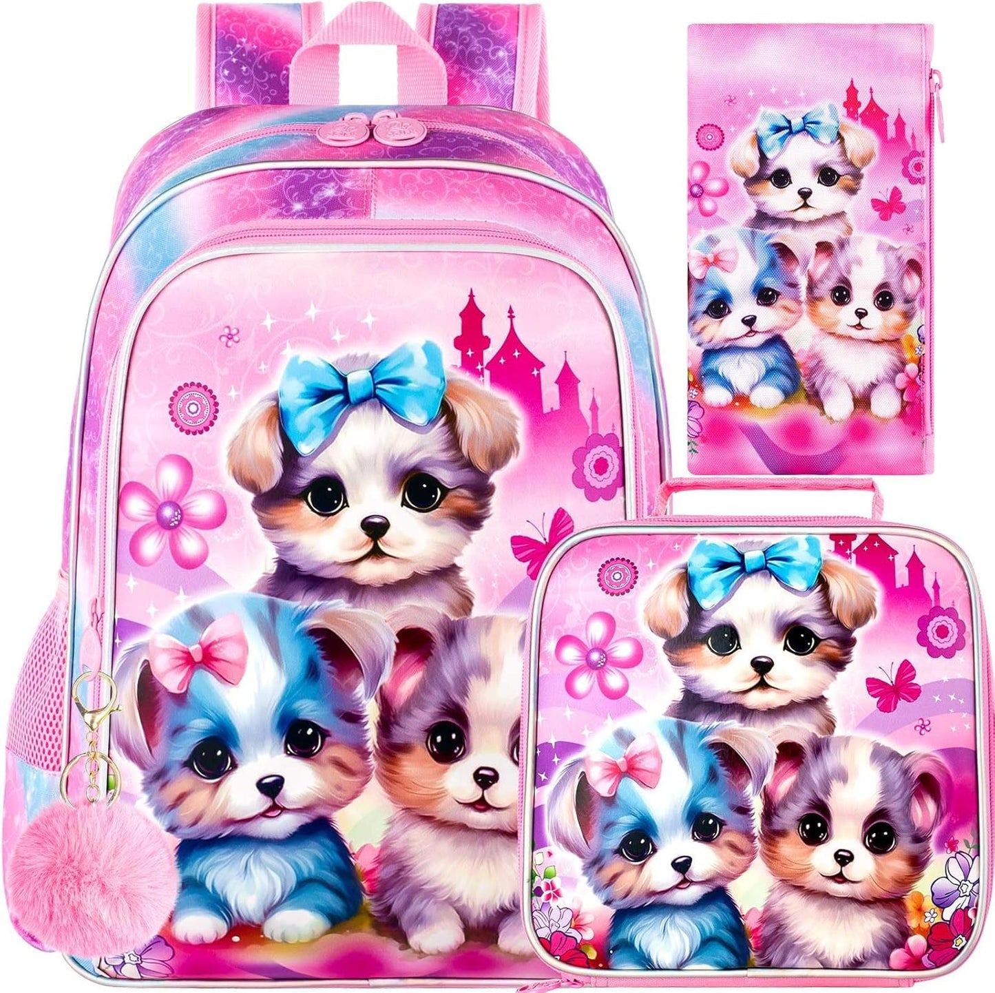 gxtvo 3PCS Girls Dog Bookbag, 16" Kids Backpackwith Lunch Box, Water Resistant School Bag for