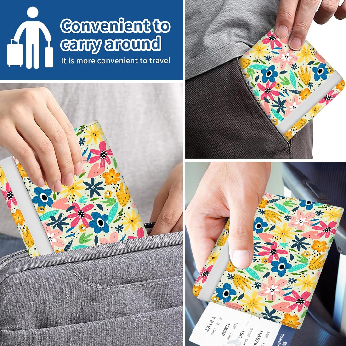 Passport Holder for Travel Essentials, Leather RFID Blocking Passport Wallet Cover Case, Cute Passport Book Holders for Women and Men Colorful Cute Flowers