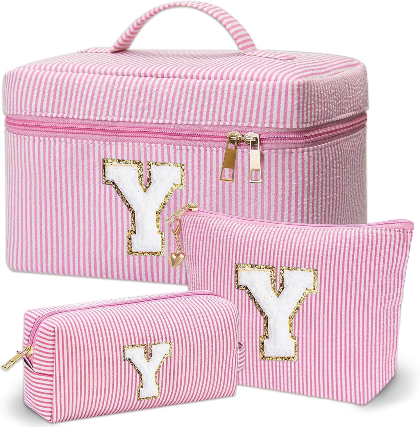 Personalized Monogram Makeup Bag, 3PCS Custom Monogrammed Toiletry Cosmetic Bag for 6-18 Teen Girls Women,Birthday Graduation Gifts Initial Pouch Makeup Bags for Women Girls, Make Up Bag (Y, Pink)