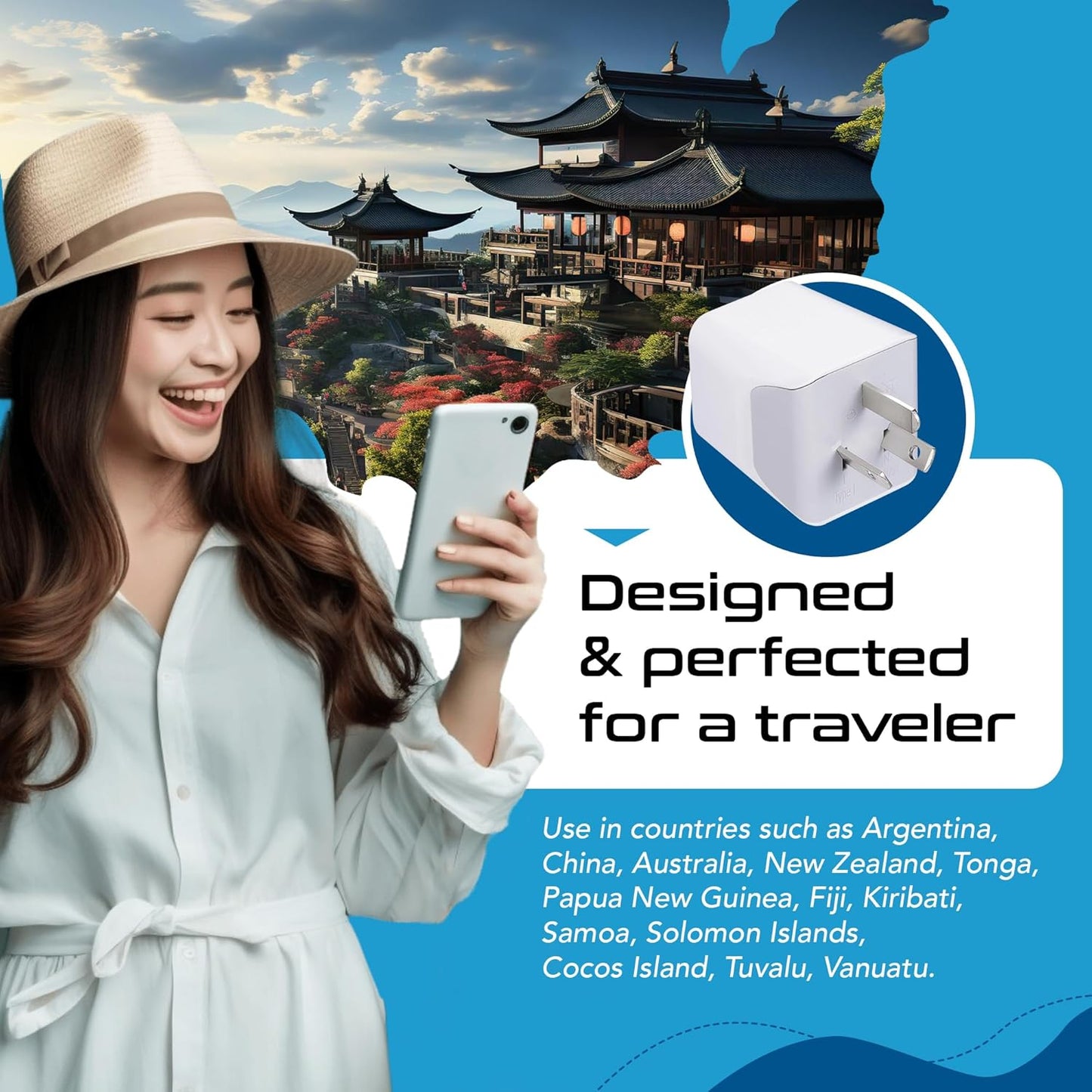 Ceptics Australia, New Zealand, China Travel Adapter Plug - Dual USB Input - Ultra Compact - USA to Type I - Perfect for Cell Phones, Chargers, Cameras, Tablets, and more (CTU-16)