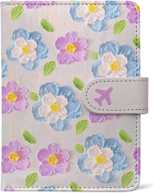 Passport Holder, Travel Wallet Cover with Pen Loop | Cute RFID Blocking Leather Case with Magnetic Closure for Travel Essentials-Flower