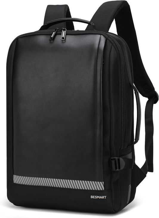 BESMART Waterproof Laptop Backpacks with USB Charging Port & Trolley Sleeve, Shockproof 15.6 Inch Computer Bag for Men Women, Boarding Travel Backpack Casual Daypack for College/Business/Work, Black