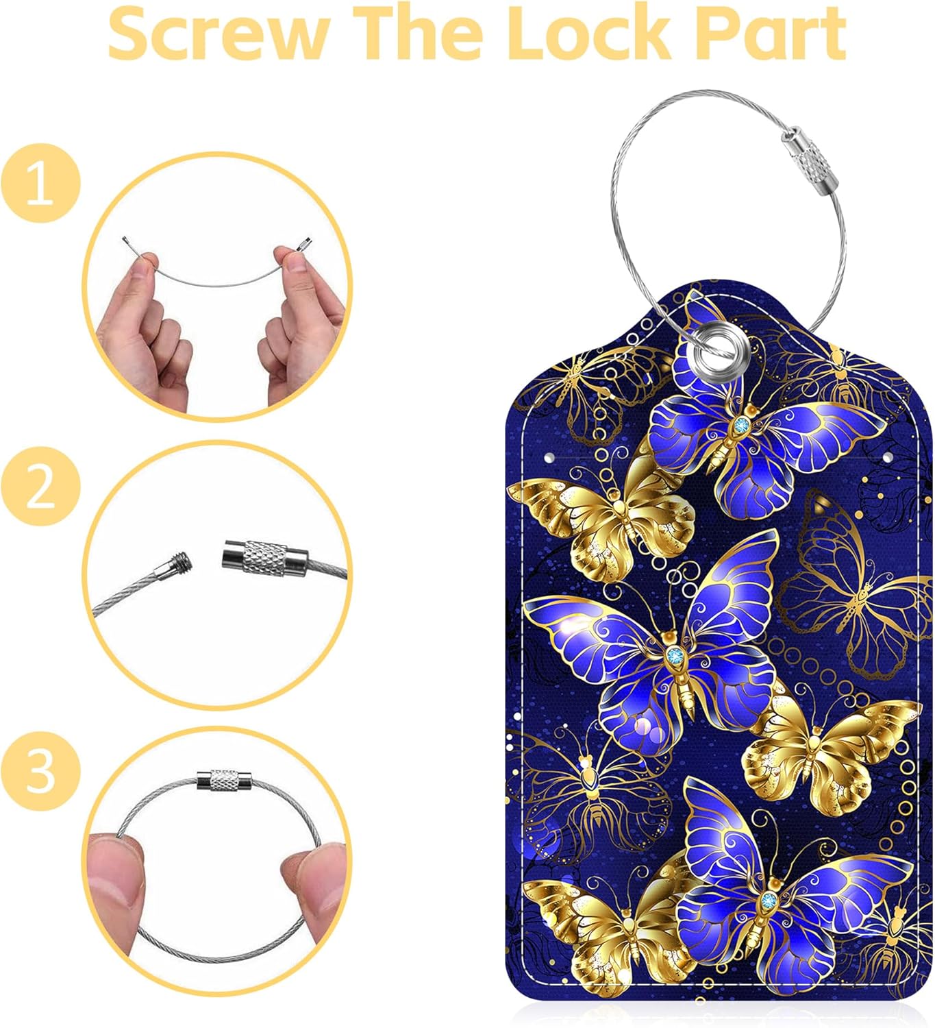 2 Pack Luggage Tags for Suitcase Sapphire and Gold Butterflies Leather Stainless Steel Loop Label Tags for Women Men Travel Bag Suitcase with Privacy Cover Name ID Card