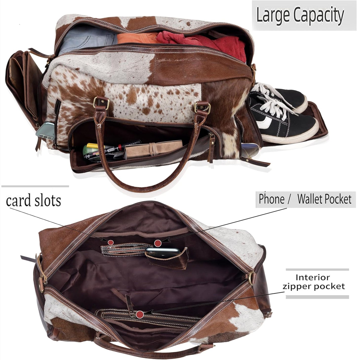 Leather Duffel Bag for Men & Women, Genuine Weekender Travel Bag, Handmade Overnight Gym Bag with Shoulder Strap, Carry-On for Business & Outdoor Travel (Yukon Hair Duffle, Brown & White, 22 Inch)