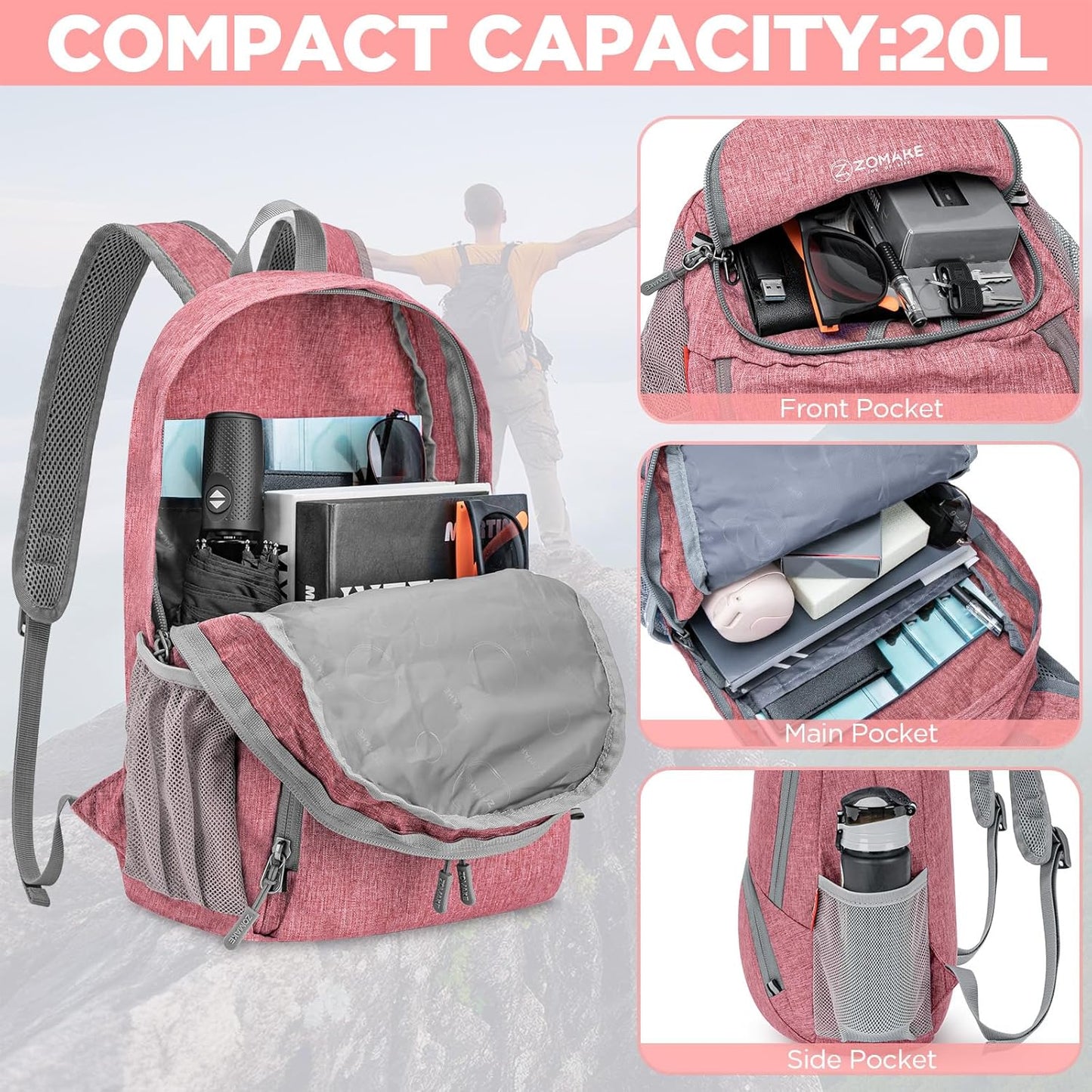 ZOMAKE Ultra Lightweight Packable Backpack 20L,Small Foldable Backpacks Hiking Water Resistant Collapsible Daypack for Women Men(Pink-B2)