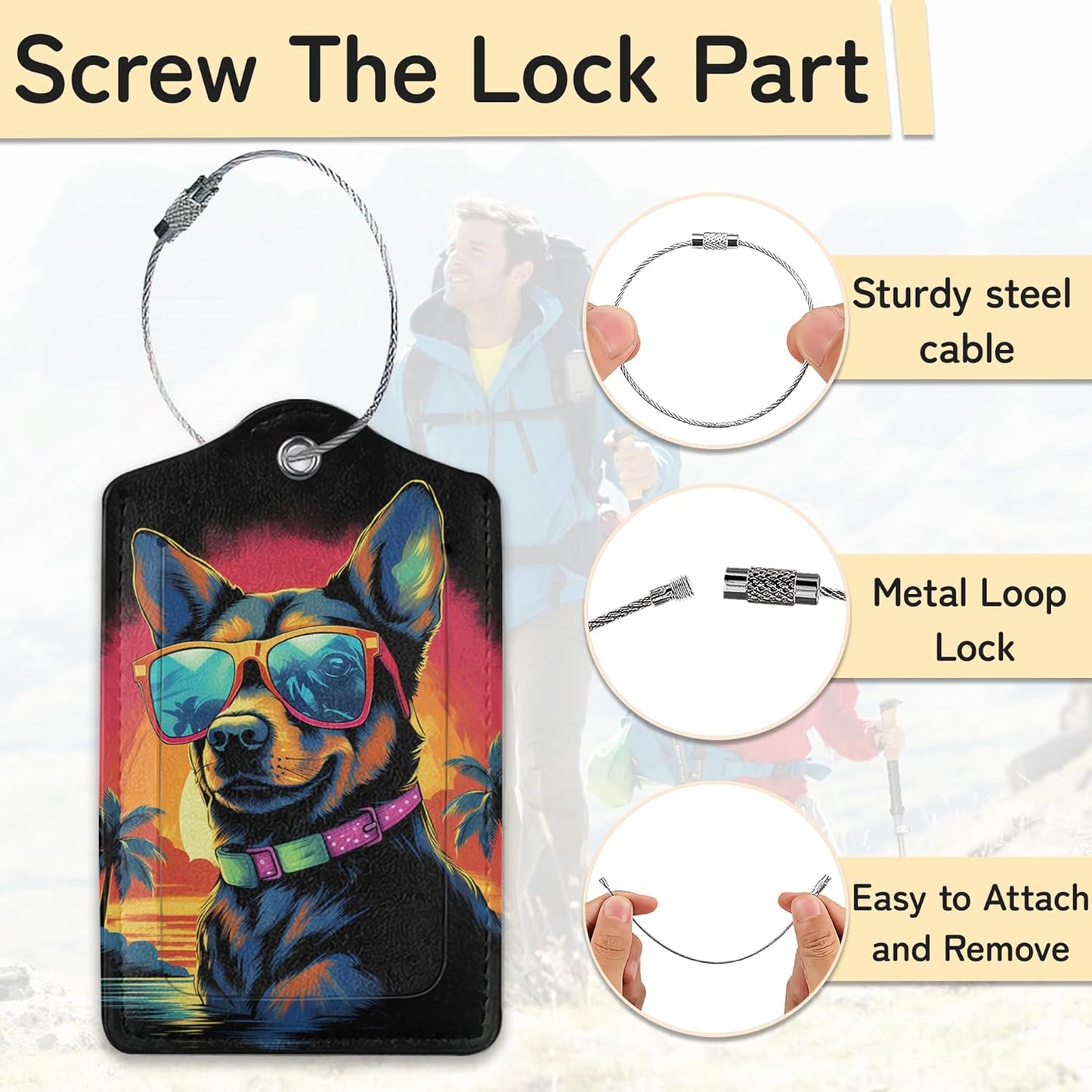 3 Pack PU Abstract Dog with Sunglasses Leahter Luggage Tag with Stainless Steel Loop,Colorful Travel Suitcase Labels with Privacy Cover ID Label Quickly Spot for Bags