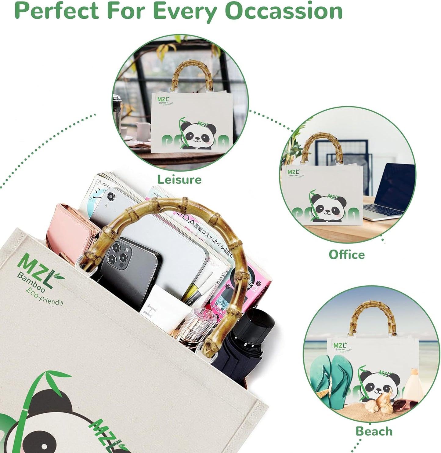 MZLBAMBOO-Tote Bag For Women, Tote Purse And Shoulder Bag, Capacity Eco-Friendly Canvas Bags, Bamboo Handle, Panda Print