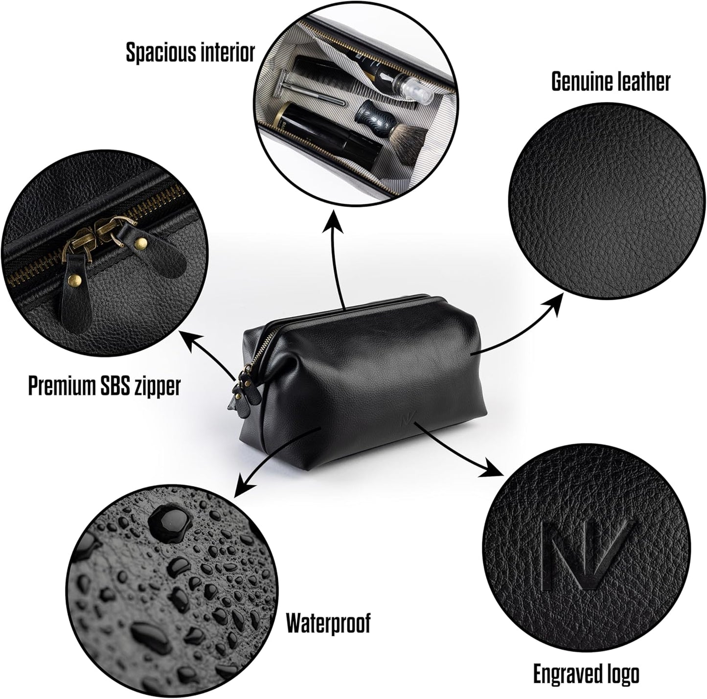 NV Holders Premium Genuine Leather Toiletry Bag for Men - The Ultimate Travel Dopp Kit and Hygiene Organizer, Perfect Men's Toiletry Travel Bag (Black)
