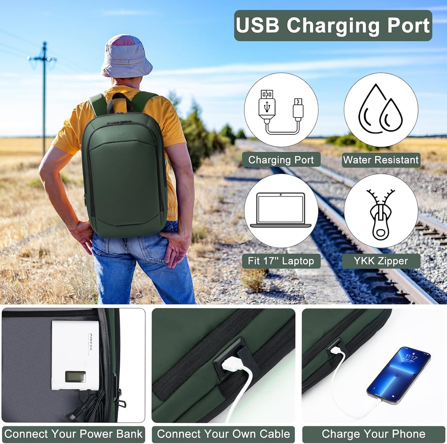 Business Backpack 17 Inch Slim Expandable Waterproof Travel Laptop Backpacks with USB Charger Port
