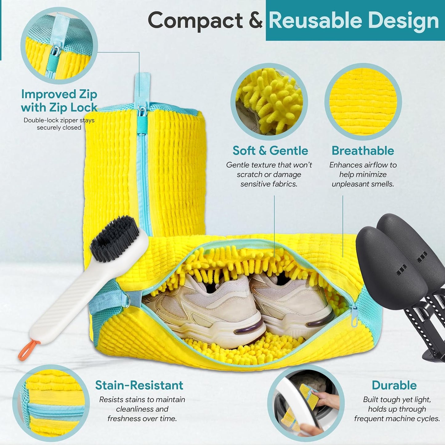 Shoe Washing Machine Bag – 2 Pcs Reusable Shoe Washing Bag with Brush & Shoe Trees, 360° Deep Cleaning Durable Sneaker Washing Machine Bag, Fits All Shoe Types & Sizes (Yellow, 14.8 × 7.4 Inches)