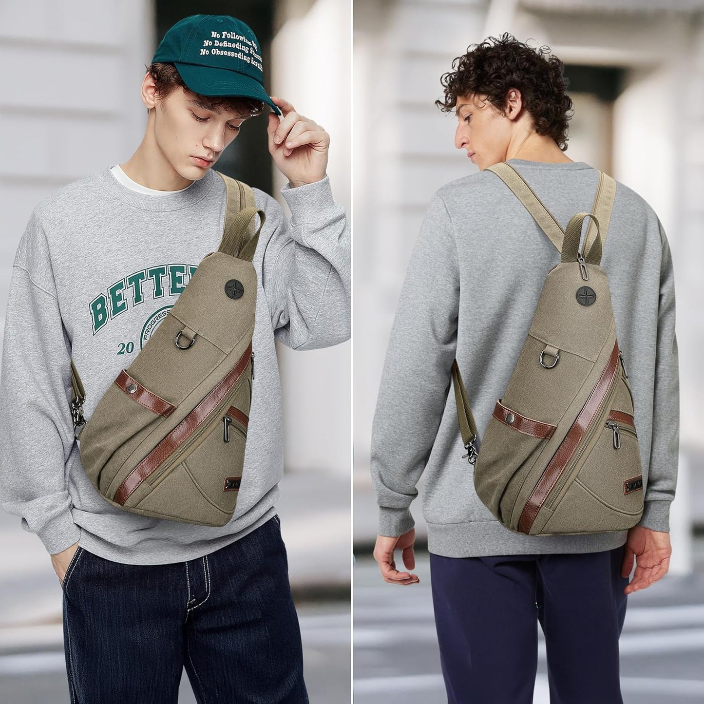 WITZMAN Canvas Sling Bag for Men Women Convertible Sling Backpack Crossbody Vintage Chest Bag Travel Casual Daypack（A8003 Army Green）