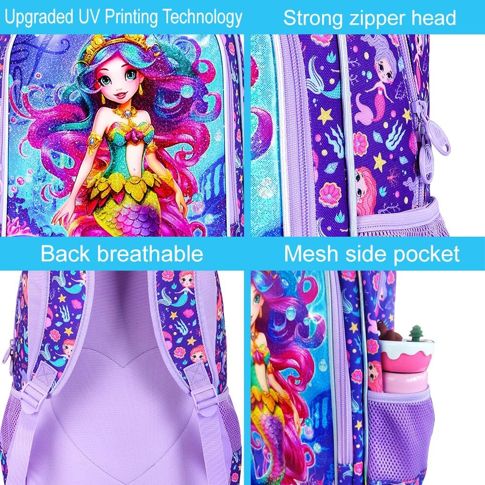CCJPX 3PCS Kids Backpack for Girls, 16”Mermaid Sequin Preschool Bookbag Set, Cute Water Resistant School Bag for Elementary Kindergarten Toddler