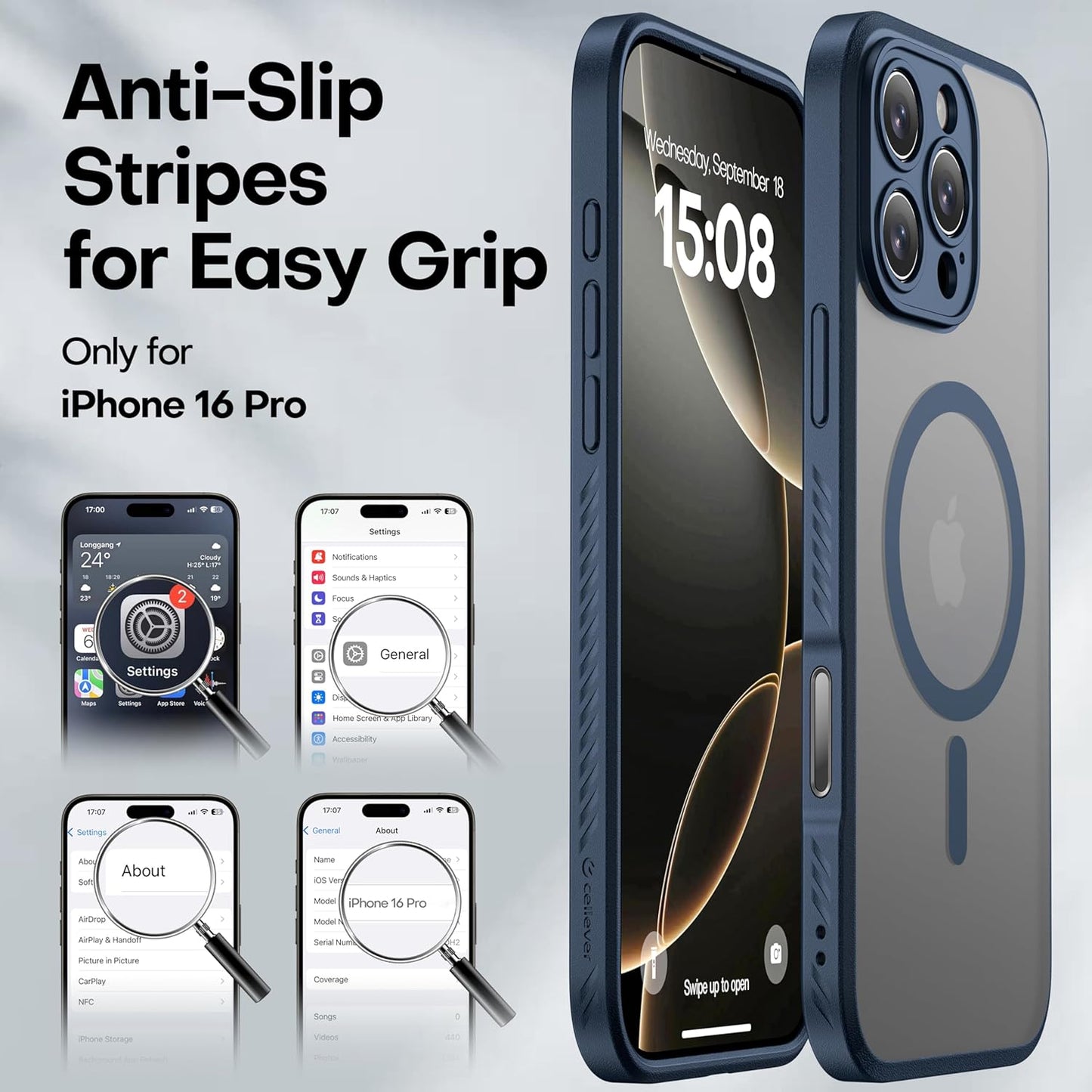 CellEver Strong Magnetic for iPhone 16 Pro Case with Camera Control Capture Button [Camera Protection] [Military Drop Protection] [Compatible with MagSafe] Slim Translucent Matte Cover, Navy Blue