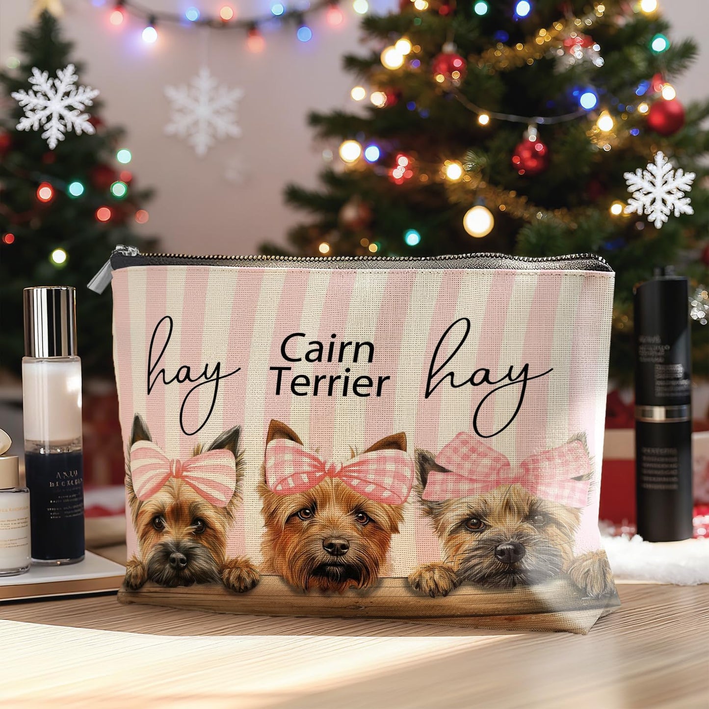 Coquette Pink Bow Cairn Terrier Makeup Bag Gifts for Women, Preppy Cairn Terrier Cosmetic Bag, Girly Cute Dog Pink Striped Zipper Makeup Pouch Travel Toiletry Bag