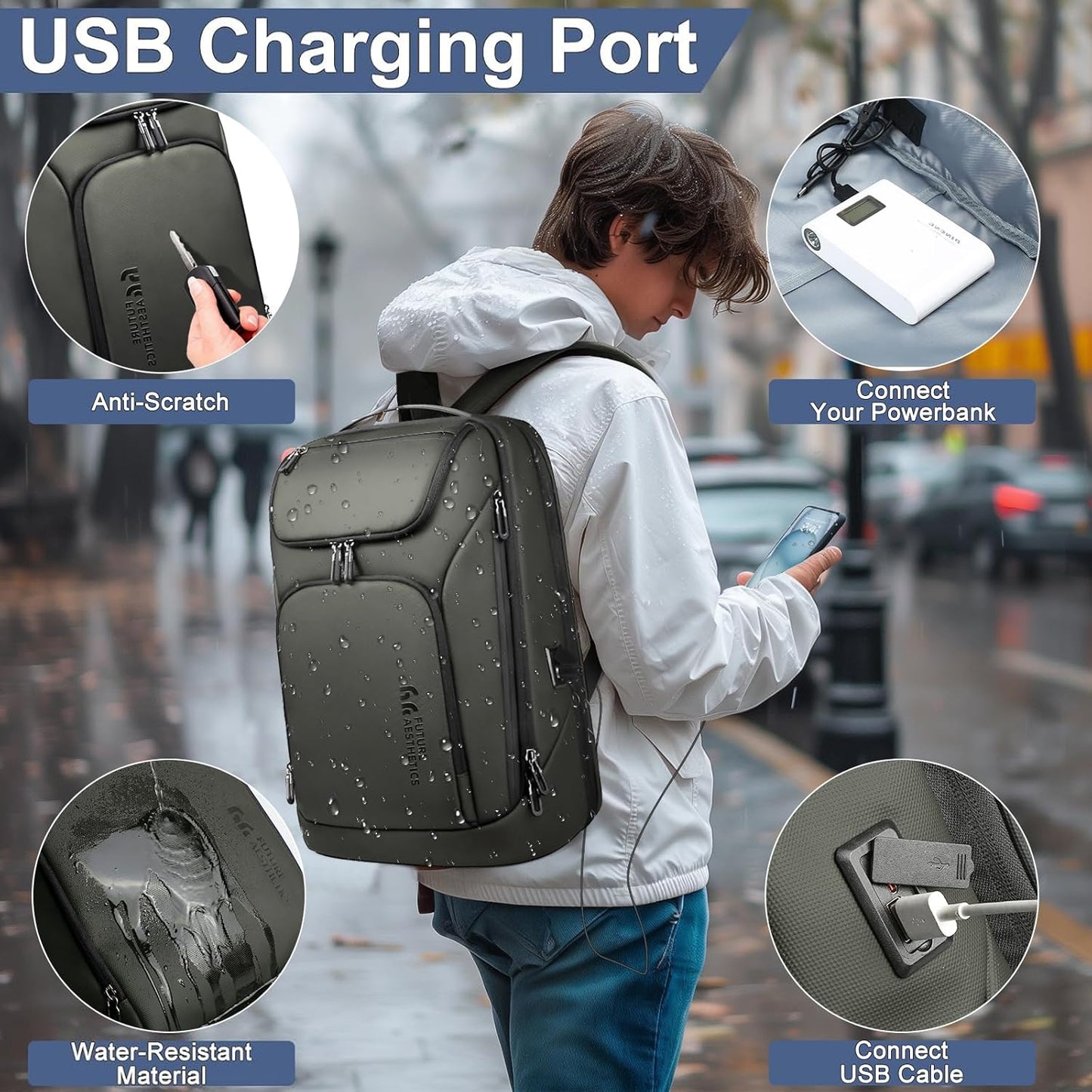 hk Business Smart Backpack for Men Anti-Theft for 17.3 Inch Laptop with USB Charging Port Water-Resistant Large Durable Compact 30L for Travel College Work-Green