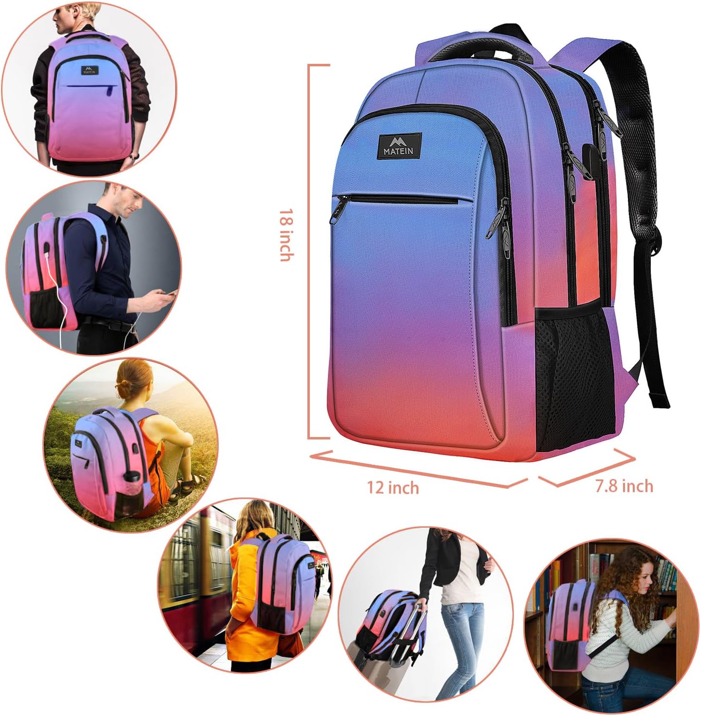 MATEIN Fashion Laptop Backpack, Slim Sturdy Travel Laptops Backpack with USB Charging Port, Anti Theft Water Resistant College Computer Bag Gift for Men & Women Fits 15.6 Inch Notebook