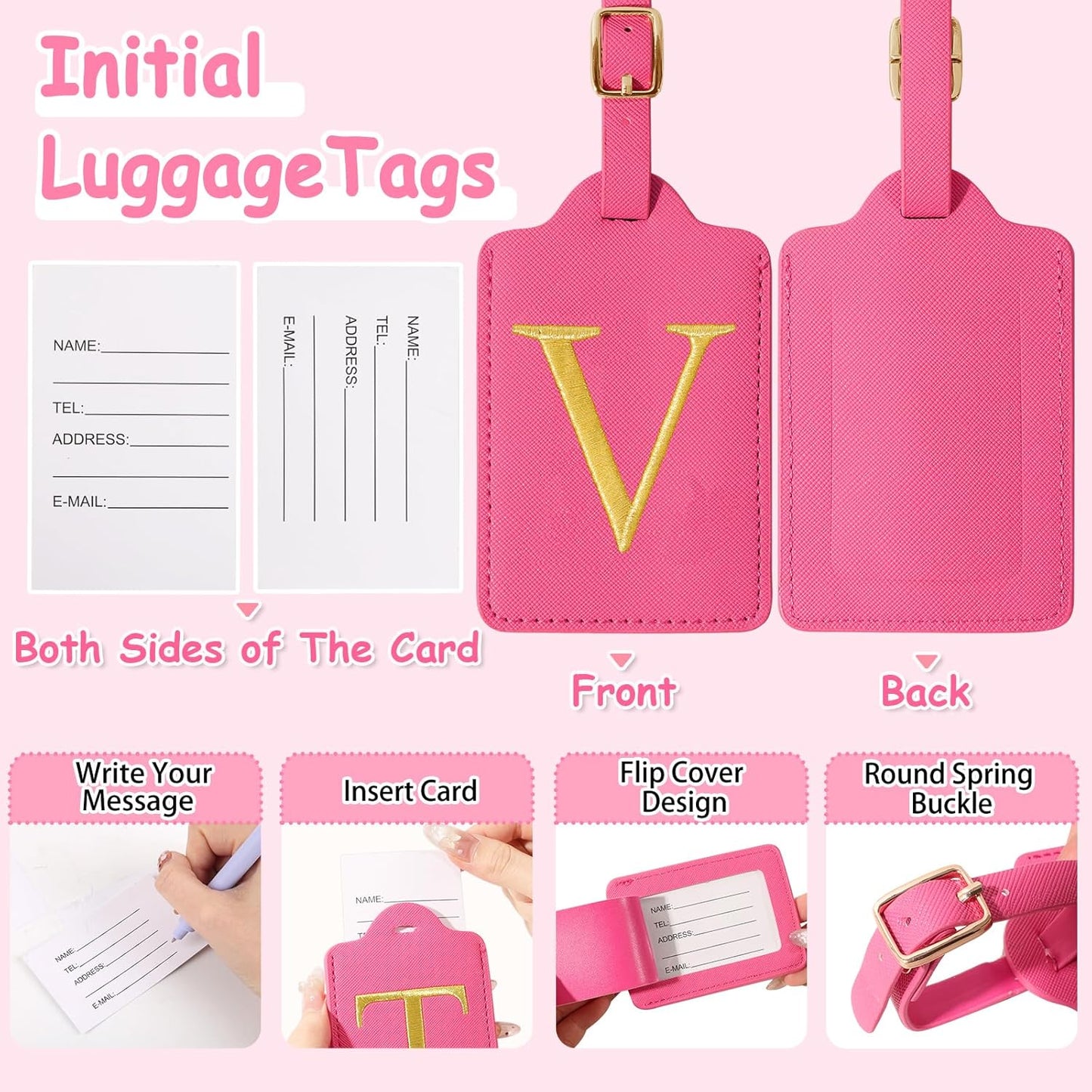 Unique Initial Letter Luggage Tags for Suitcases, Monogrammed Suitcase Luggage Identifier Tag,PU Leather TSA Approved Luggage Tags,Bag Tags for Men Women Kids Luggage Baggage(Rosered V)