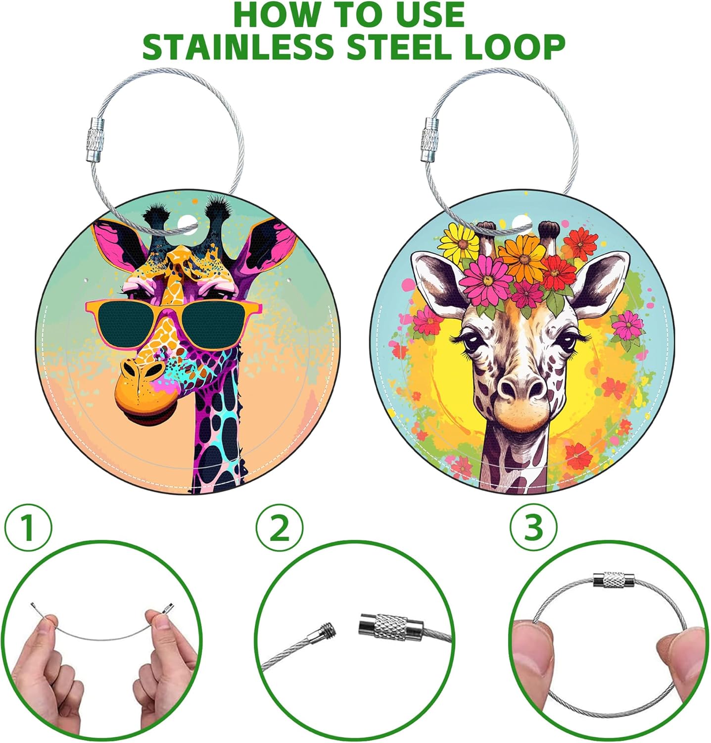 Round Cute Luggage Tags 2 Pack Funny Giraffe Creative Baggage Tags,Cruise Travel Baggage Suitcases Tag with Stainless Steel Loop ID Tag Privacy Flap
