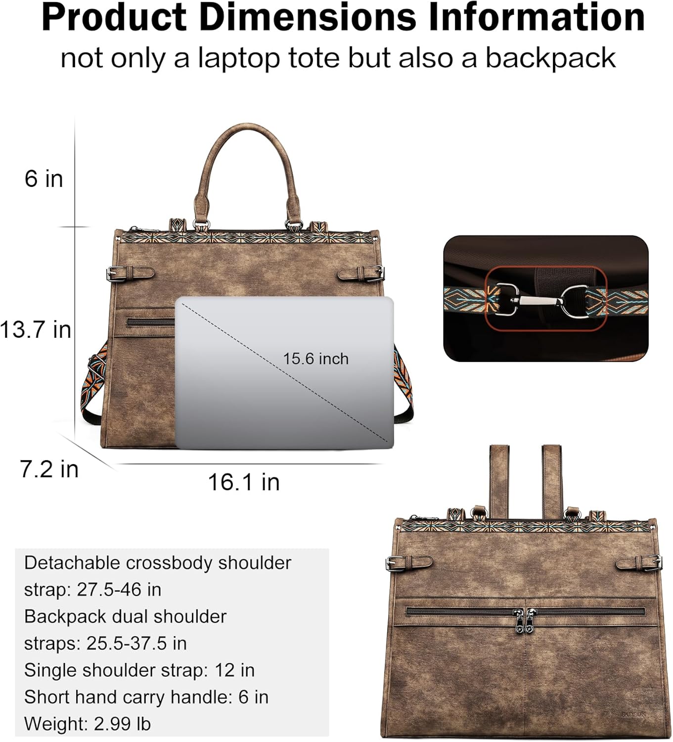 FADEON Laptop Bag for Women Designer PU Leather Large Tote Bags Backpack Purses with 15.6 Laptop Compartment Shoulder Handbag