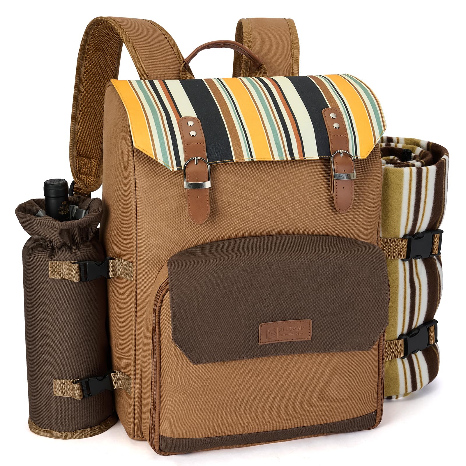 Picnic Backpack, 2-Person Set with Blanket and Wine Holder, Gray(Caramel Brown)