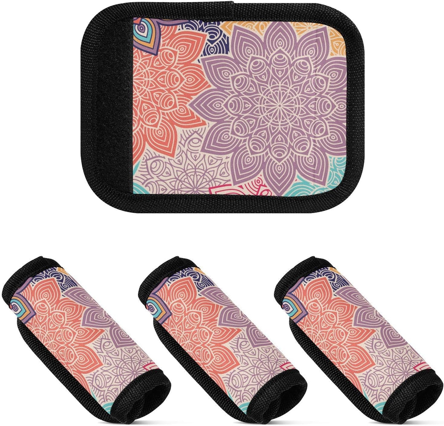 Colorful Retro Pattern 4 Pack Luggage Handle Wraps Covers for Suitcase Identifiers Bag Tags Travel Accessories