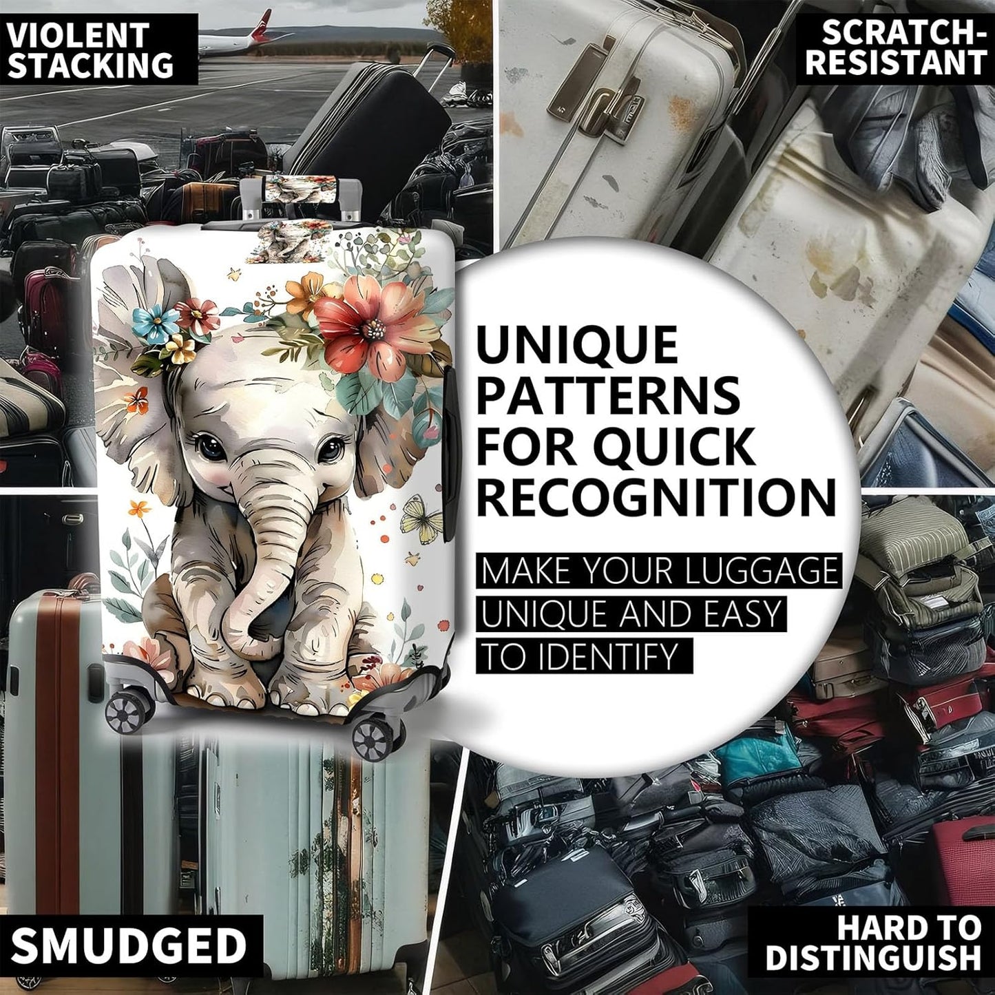 Travel Luggage Cover,Flowers Elephant Theme Suitcase Cover Accessory Kit, Luggage Tag, and Comfortable Luggage Handle Wrap, Washable Zipper Close Luggage Suitcase Protector (18-20 inch,S)