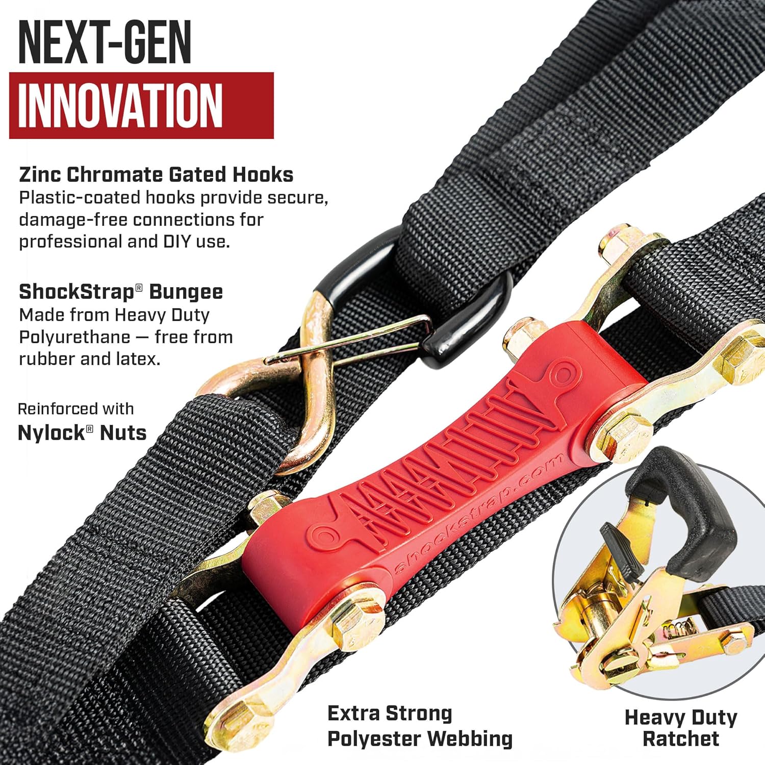 Ratchet Strap, 7’ x 1.5" Shock Absorbing Heavy Duty Tie Downs for Cargo, 1,000 LB WLL / 3,000 LB