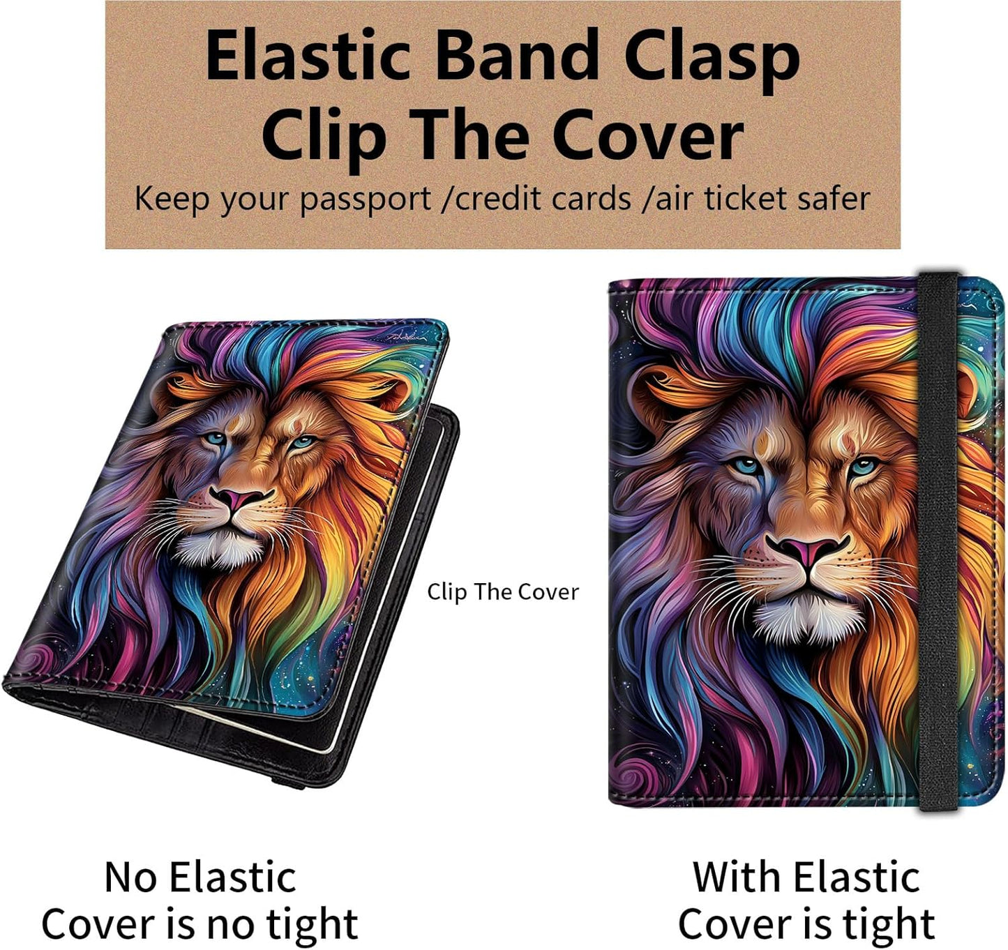 Passport and Vaccine Card Holder Cover Combo,Travel Passport Holder Wallet with RFID Blocking, Leather Vaccine Card Slot Passport Cover Case for Women & Men,Majestic Colorful Lion