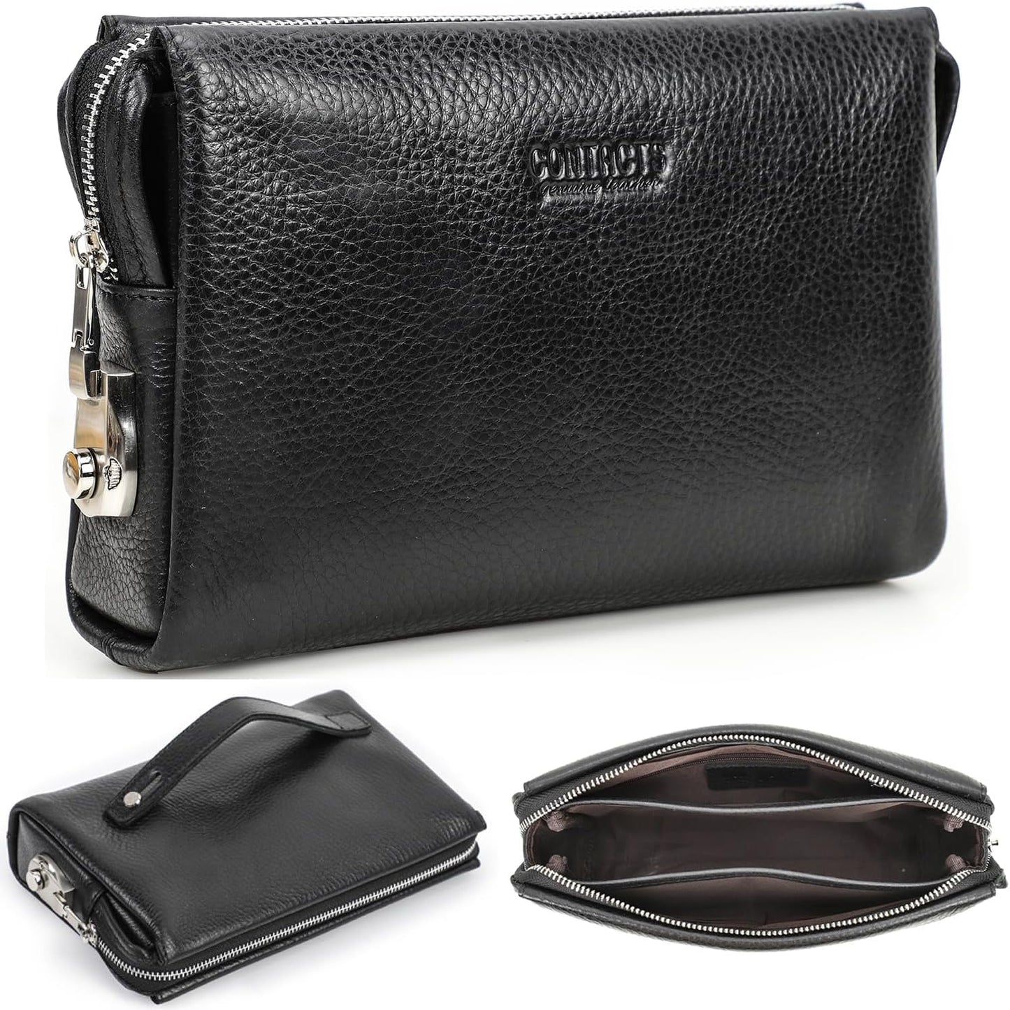 Top Grain Genuine Leather Handbag Wallet for Man & Woman, Handmade Retro Design, Combination Lock & Retractable Hand Strap & Multi Pockets/Slots, Portable RFID for Cards/Checks/Phone/Banknote, Black