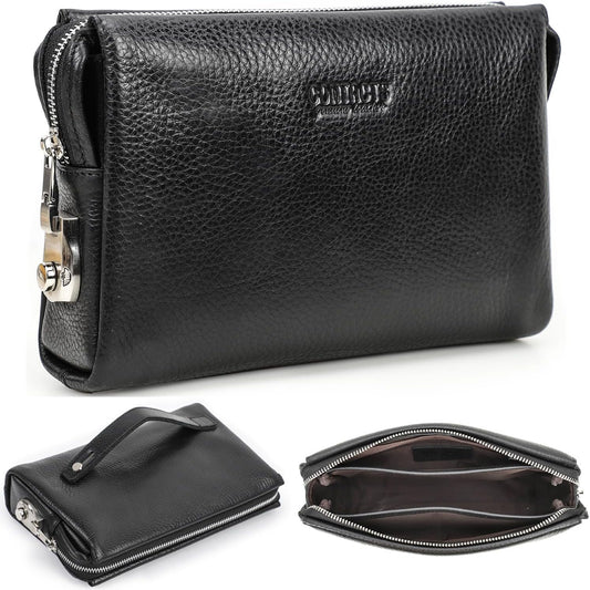 Top Grain Genuine Leather Handbag Wallet for Man & Woman, Handmade Retro Design, Combination Lock & Retractable Hand Strap & Multi Pockets/Slots, Portable RFID for Cards/Checks/Phone/Banknote, Black