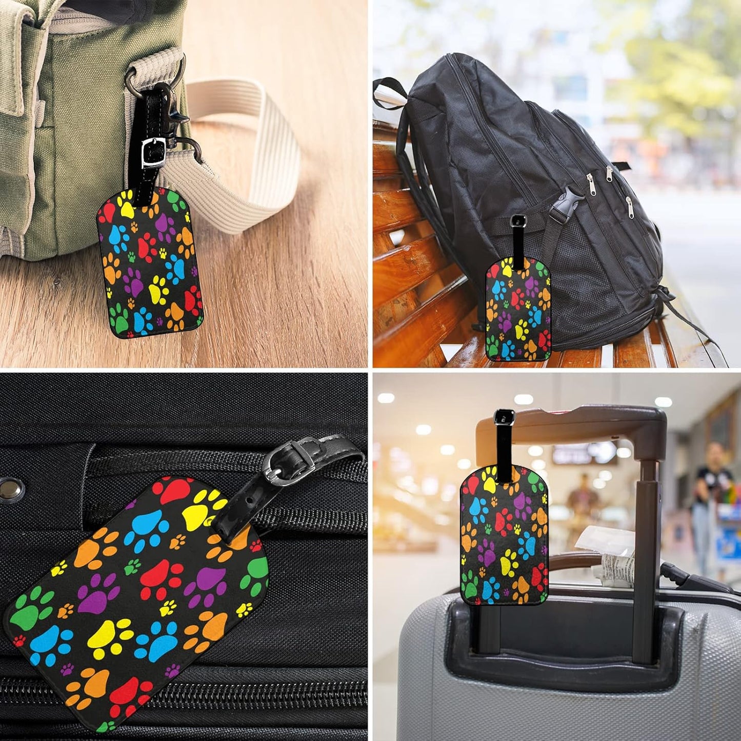 Color Paw Travel ID Bag Tag Prints Pets Cats Dogs Animals Footprints Luggage Tags with Full Back Privacy Cover PU Leather Strap 1 Pcs Set, 1 Pack