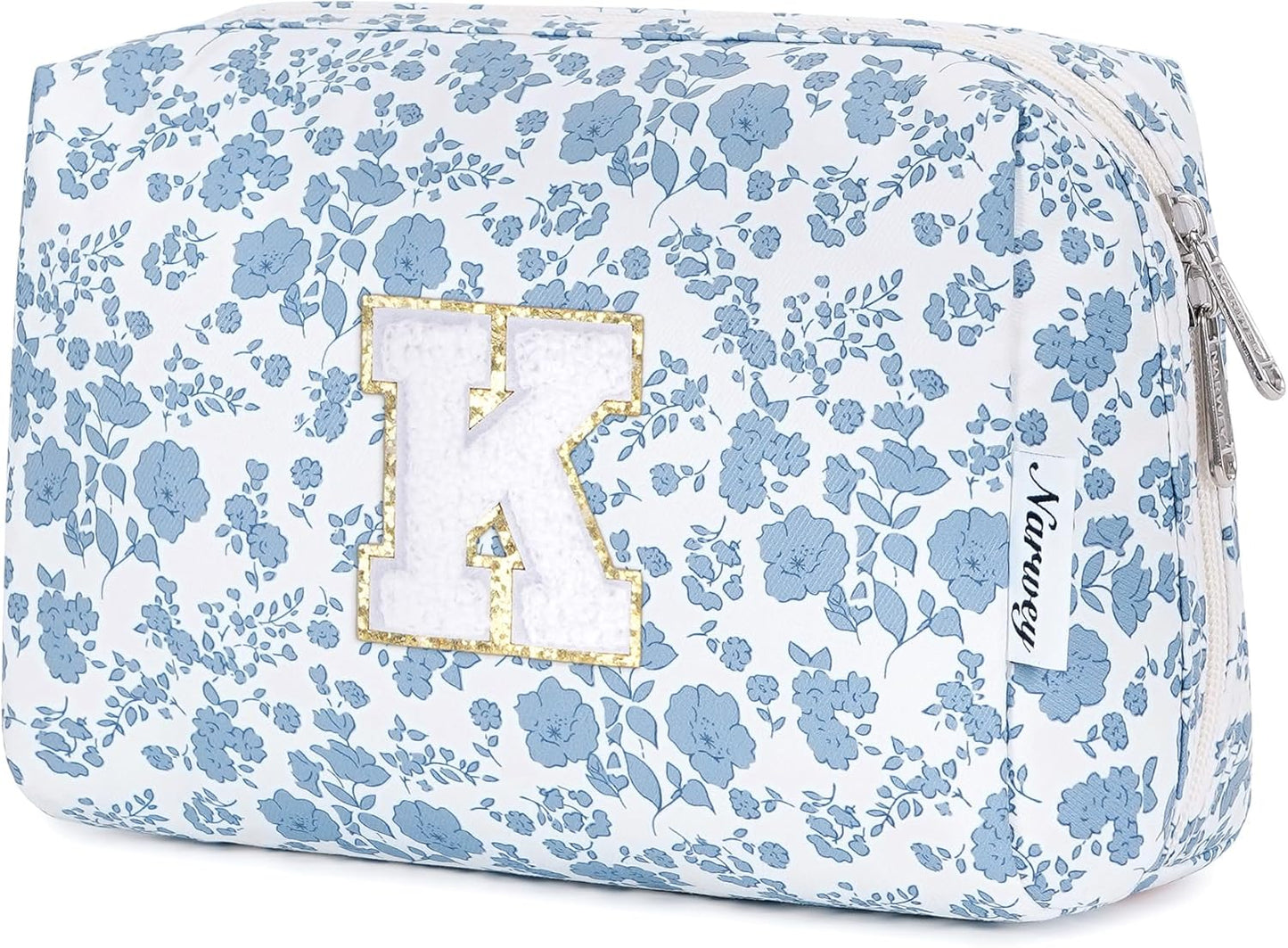 Narwey Birthday Gifts for Teen Girls Kids Women Personalized Initial Floral Makeup Bag Cute Cosmetic Trendy Stuff 6 8 10 11 12 13 14 16 18 Years Old Travel Toiletry Bag (Little Blue Flower K)
