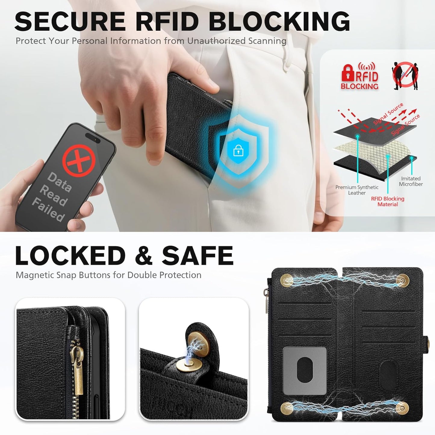 TUCCH Removable Crossbody Case Wallet for iPhone Air 2025, 9 Card Slot RFID Blocking, Stand, Lanyard, Wrist Strap, Wireless Charging, Zipper Pocket, PU Leather, Magnetic Flip Cover, Textured Black