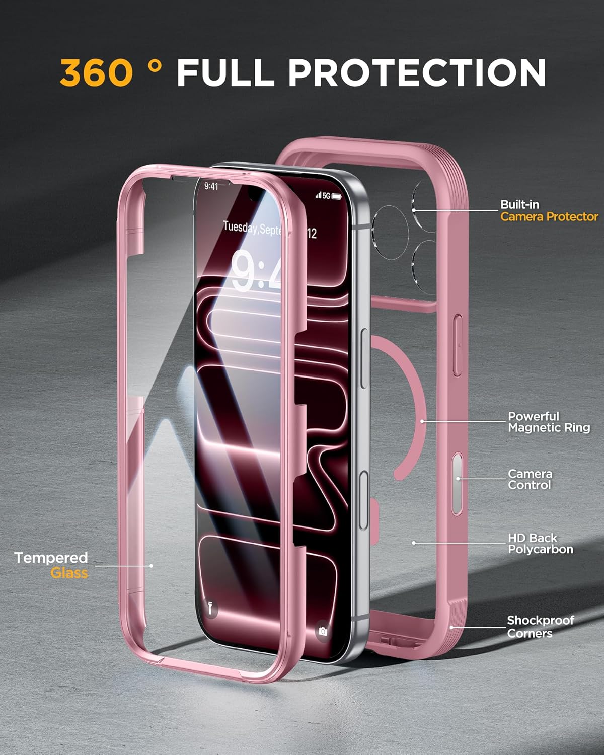 Miracase Magnetic for iPhone 17 Pro Case 6.3" [Compatible with MagSafe] Full-Body Phone Case with Built-in Glass Screen Protector & Camera Control,Drop Proof iPhone 17 Pro Cover, Pink