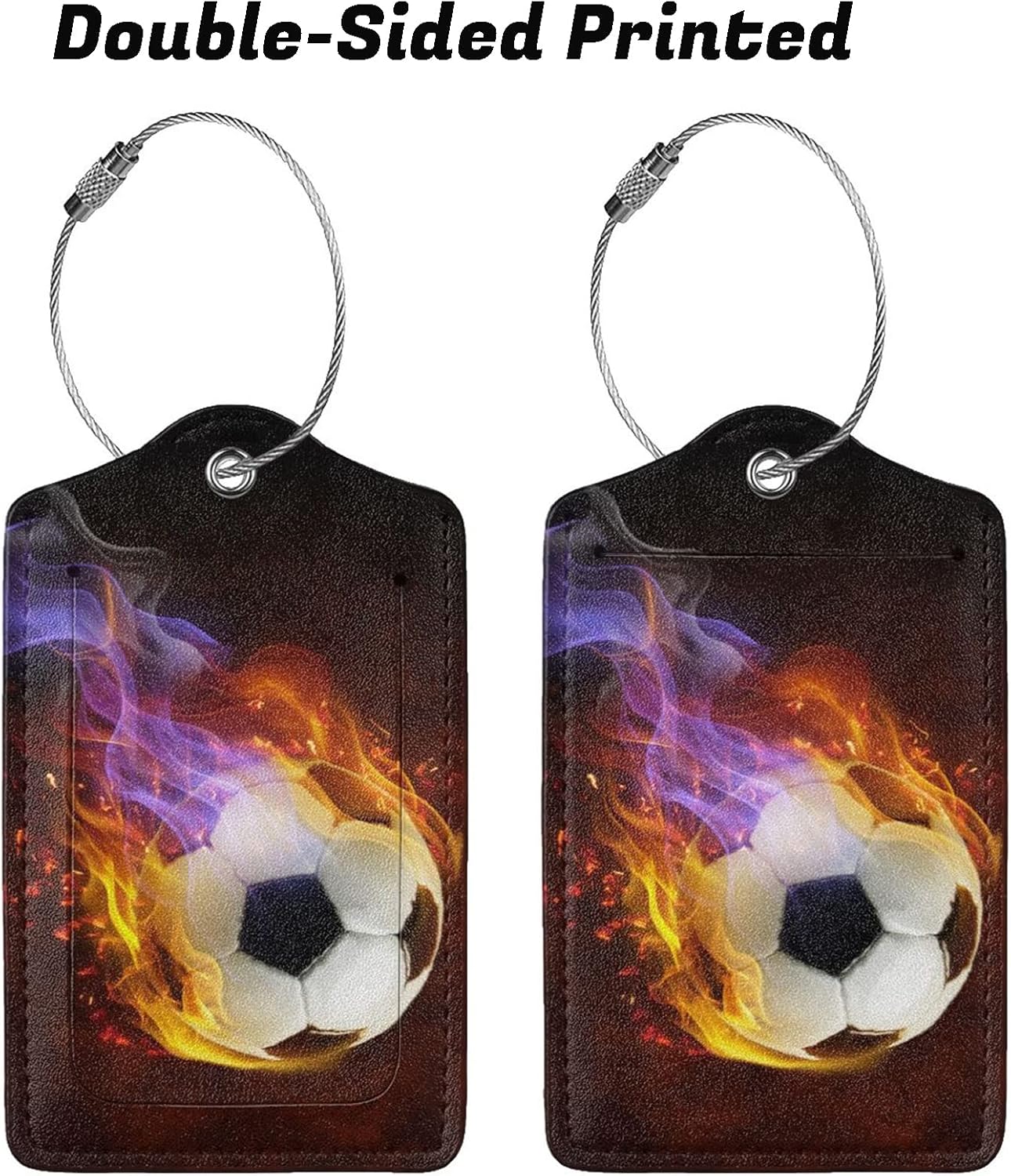 2 Pack Soccer Luggage Tag for Suitcases for Travel, Sports-Themed Backpack Bag Case Tags for Teen Boys Men Cool Flame PU Leather Baggage Tag with ID Label Privacy Flap Cover