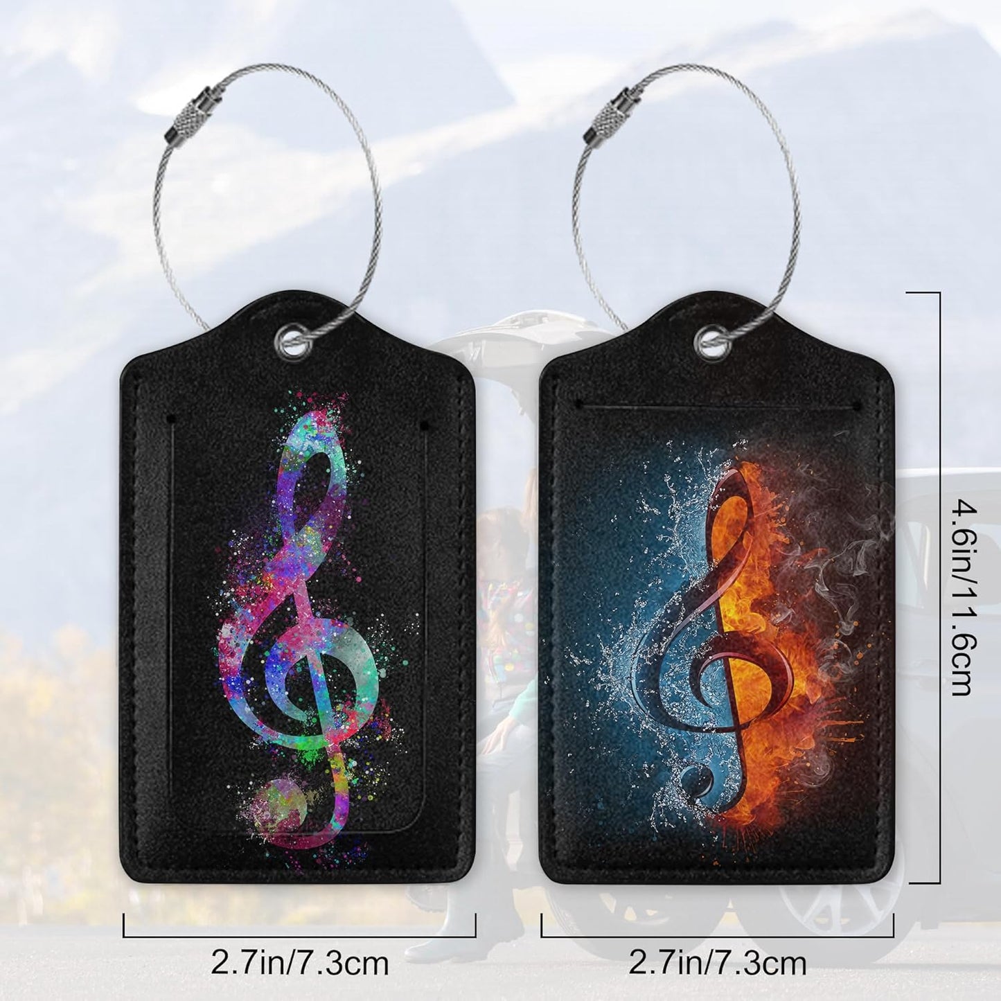 Set of 2 Colorful Treble Clef Luggage Tags for Suitcases, Treble Clef in Fire and Water Leather Suitcase Tag Name Identifiers Labels for Travel Bag Baggage Backpack