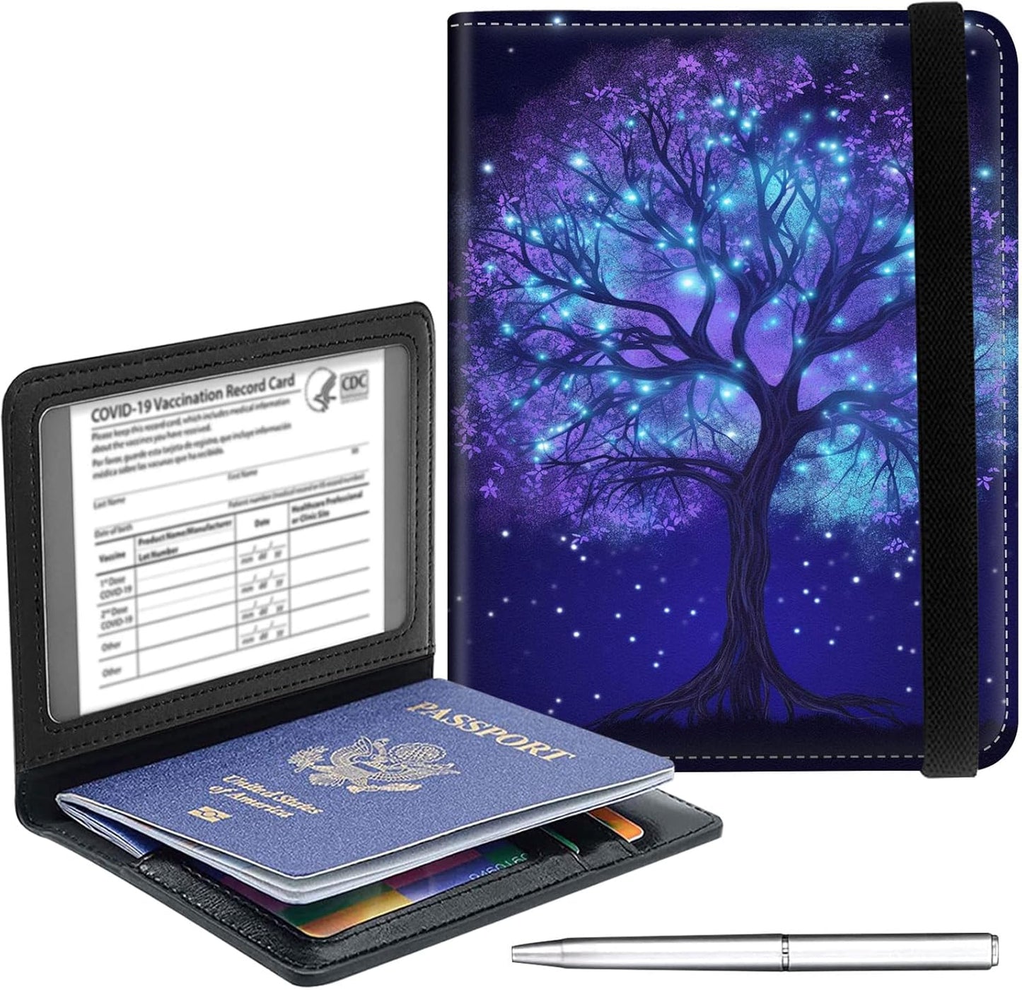 Passport Holder Cover Wallet Travel Essentials RFID Blocking Case Leather Passport Cover Wallet Vaccine Card Slot Organizer for Men Women, Fluorescent Tree