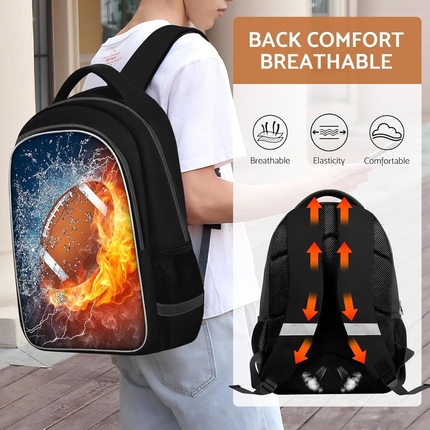 School Backpack for Boys - American Football Boys Backpack for Kids Children Elementary Middle School - 17 Inch Sport Bookbag Travel Back Pack for Ages 6-14