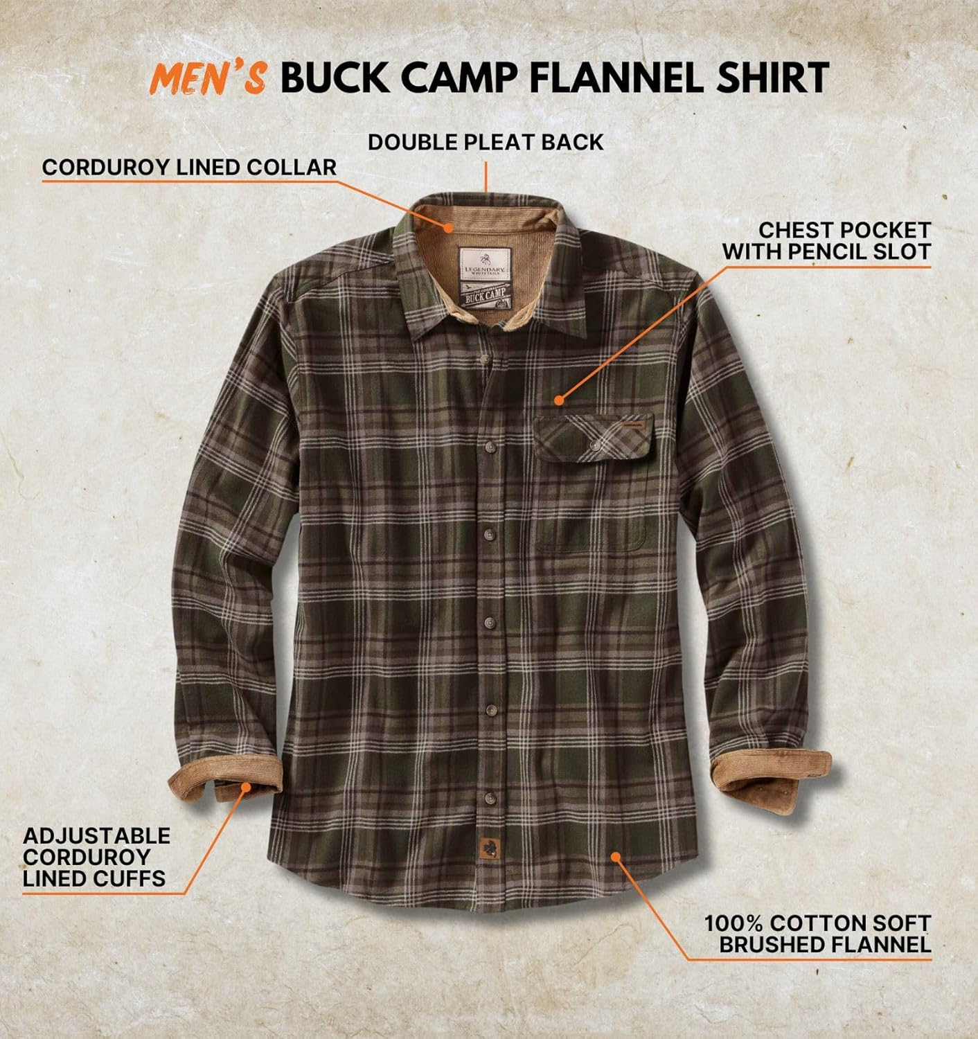 Legendary Whitetails Men's Flannel Shirt Long Sleeve Button Down 100% Cotton