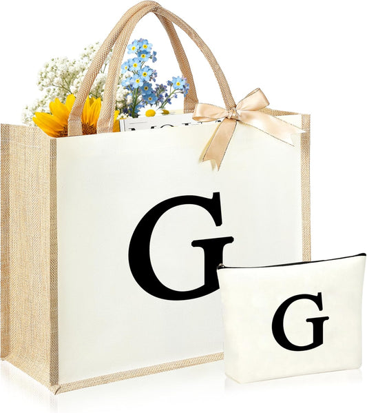 Initial Canvas Tote Bag & Makeup Bag for Women Teacher Bridesmaids，Personalized Present for Wedding, Birthday, Beach