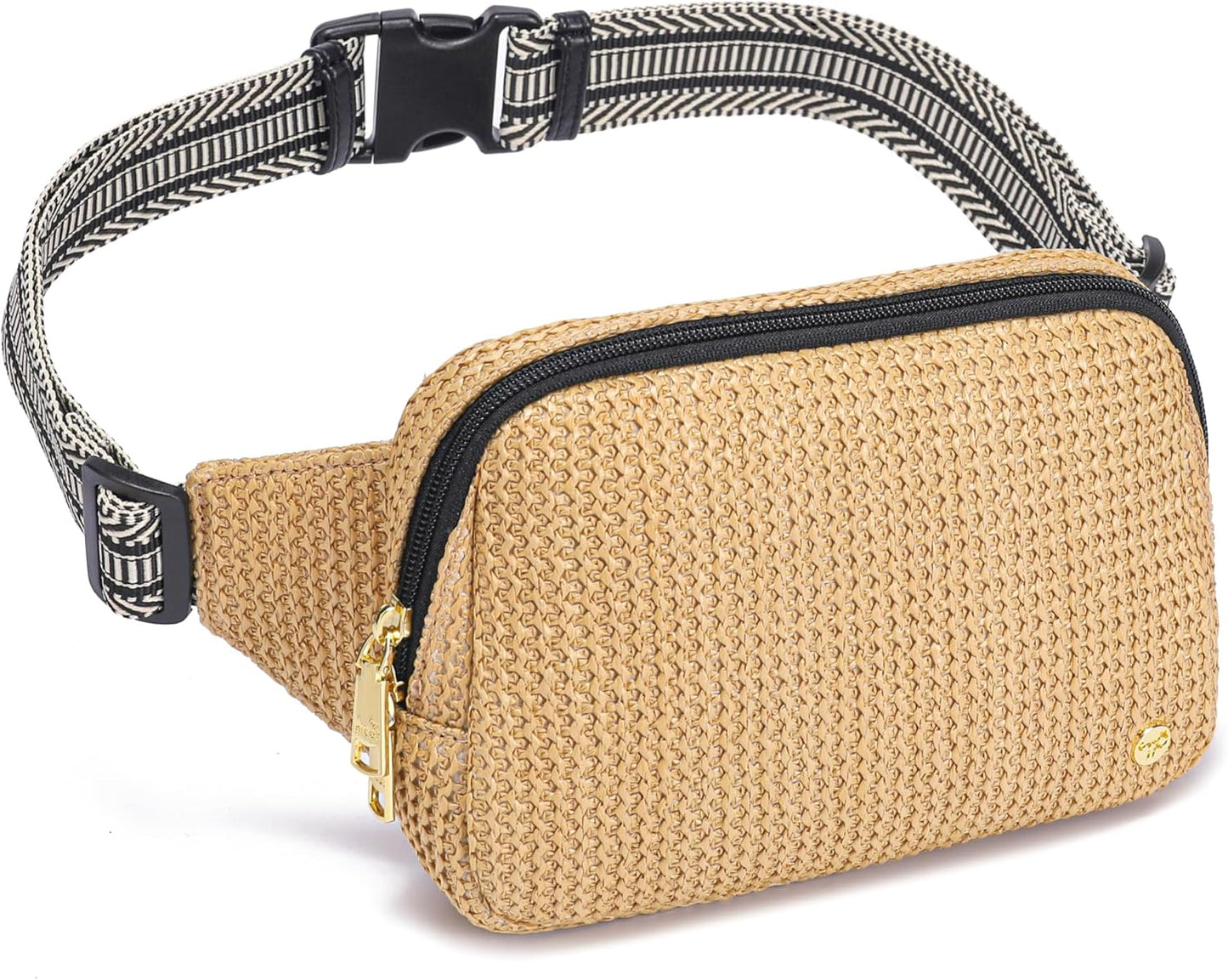 RFID Blocking Straw Summer Purses for Women 2025 Fanny Pack Crossbody Bags Belt Bag with Adjustable Strap(Boho Black)