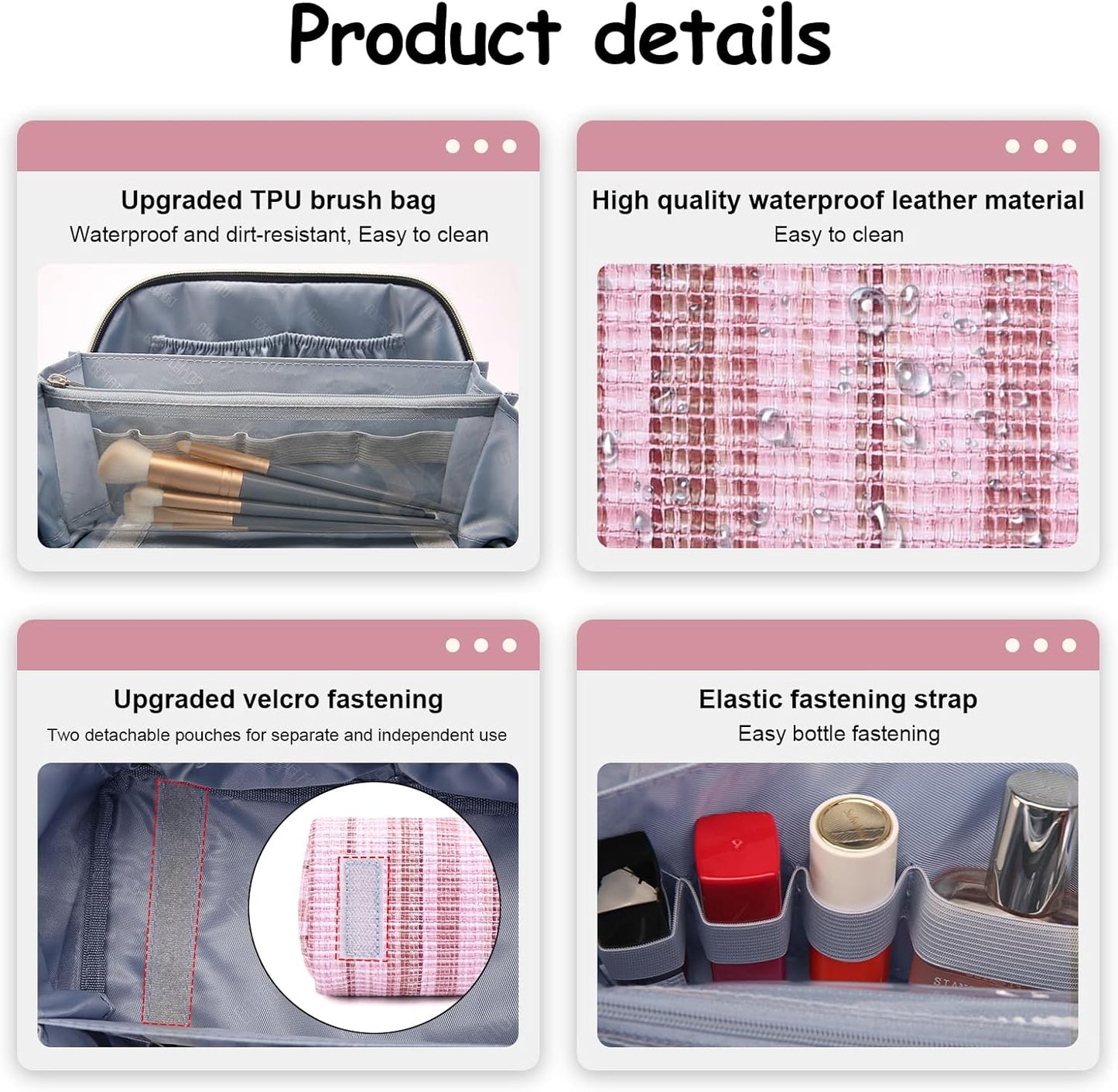 BOYATU Travel Makeup Bag for Women: Large Capacity Open Flat Make up Bag Set of 3 - Vegan Leather Cosmetic Bag with Compartments - Waterproof Toiletry Bag with Handle & Divider(I-1-Pink)