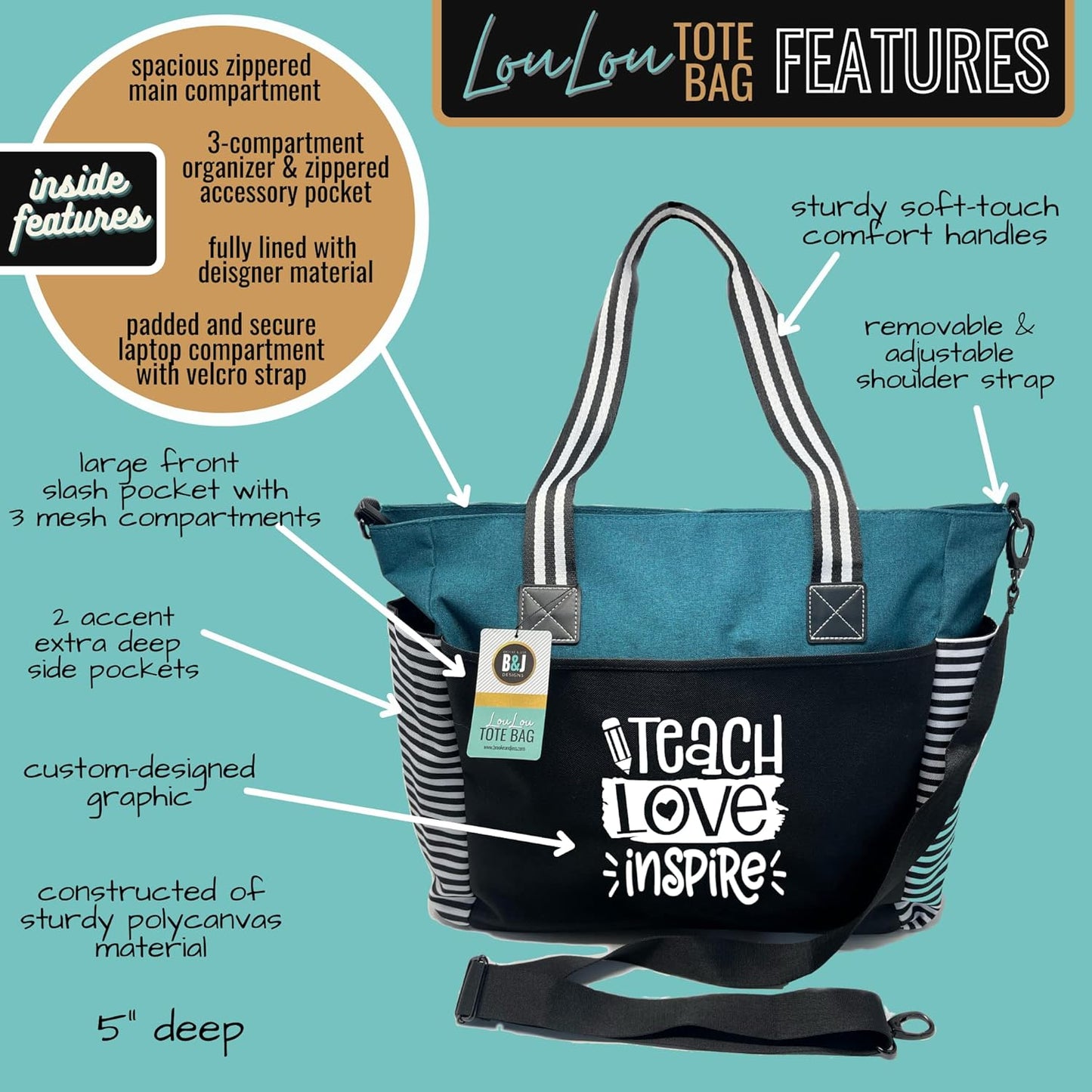 Brooke & Jess Designs Teacher Tote Bag for Work - Teacher Handbag Gifts for Women, Teacher Bag Best Teacher Appreciation Gift