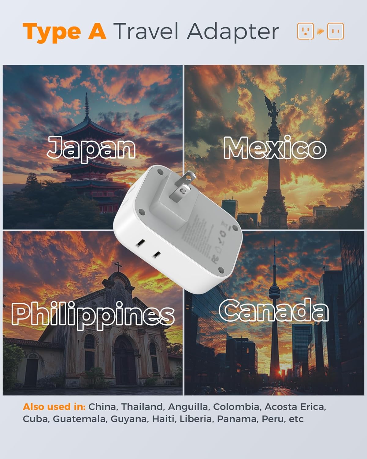US to Japan Plug Adapter 2 Pack, TESSAN 2 Prong to 3 Prong Outlet Adapter with 4 Outlets 3 USB (2 USB-C), Outlet Adaptor US to Japan China Mexico Philippines Canada Peru Thailand Vietnam