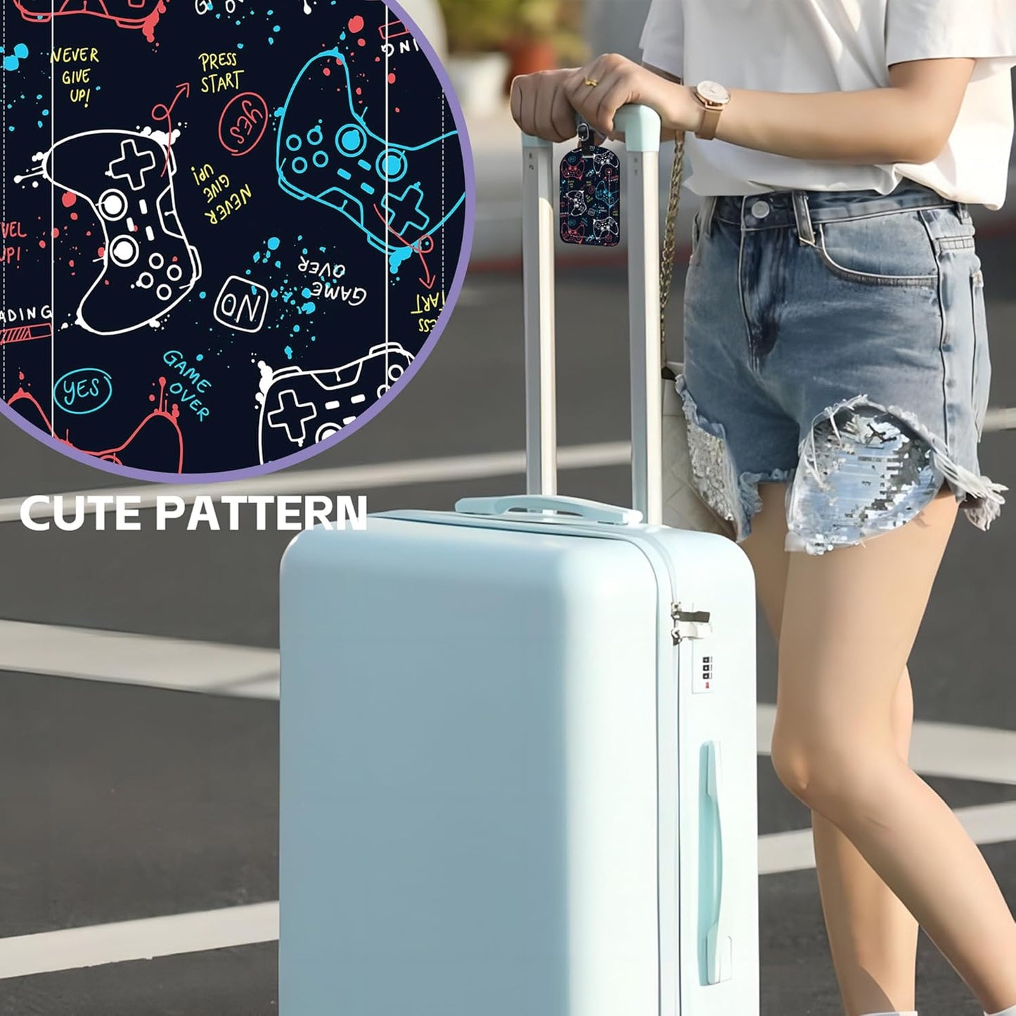 2 Pack Luggage Tags Game Controller PU Leather Baggage Handbag Suitcase Tags with Secure Strap Privacy Cover ID Labels,Business Travel Baggage Tag Identifier