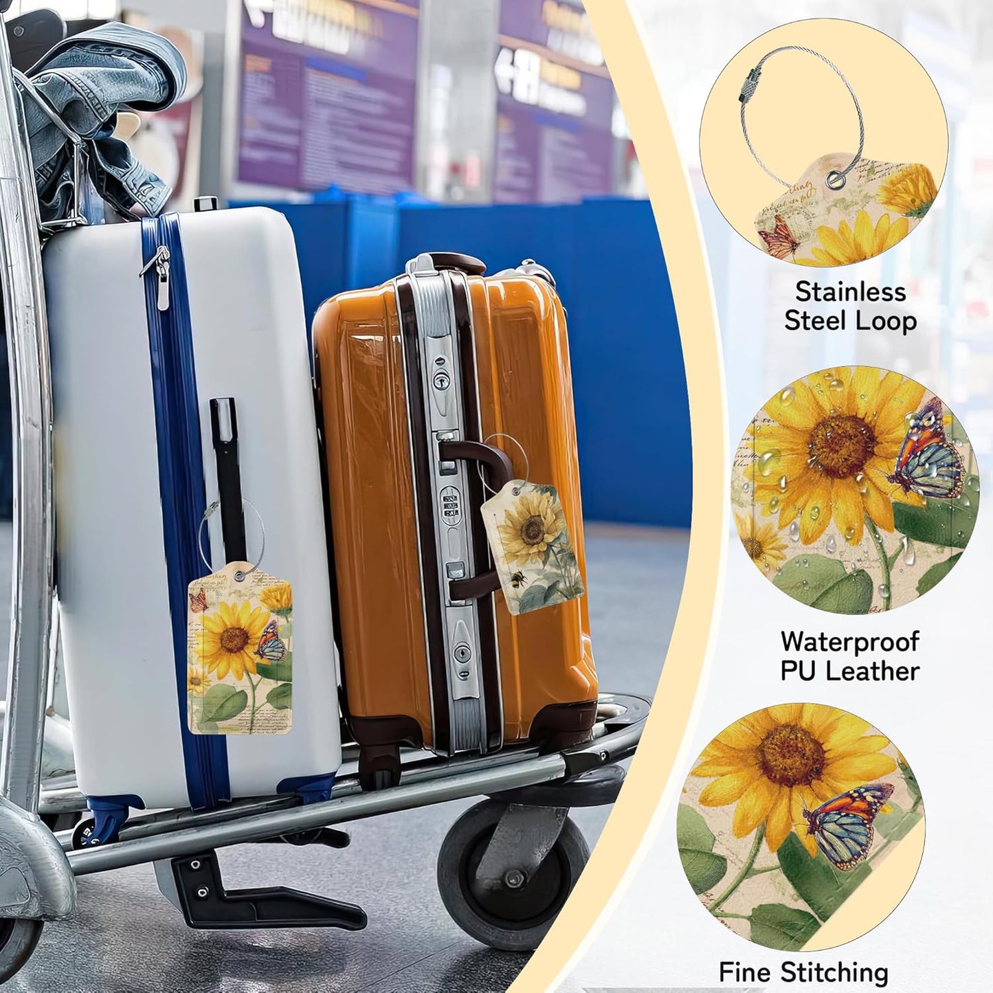 Sunflower Floral Luggage Tag for Suitcase,Design with Privacy Flap Name ID Label Metal Loop, 3 Pack