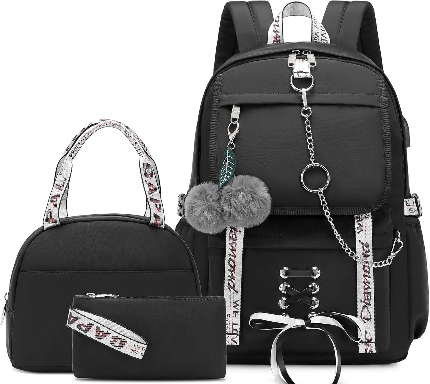 School Backpacks for Girls Backpack with Lunch Box Cute Kids Backpack for School Girls Teens Bookbag Set (Black)